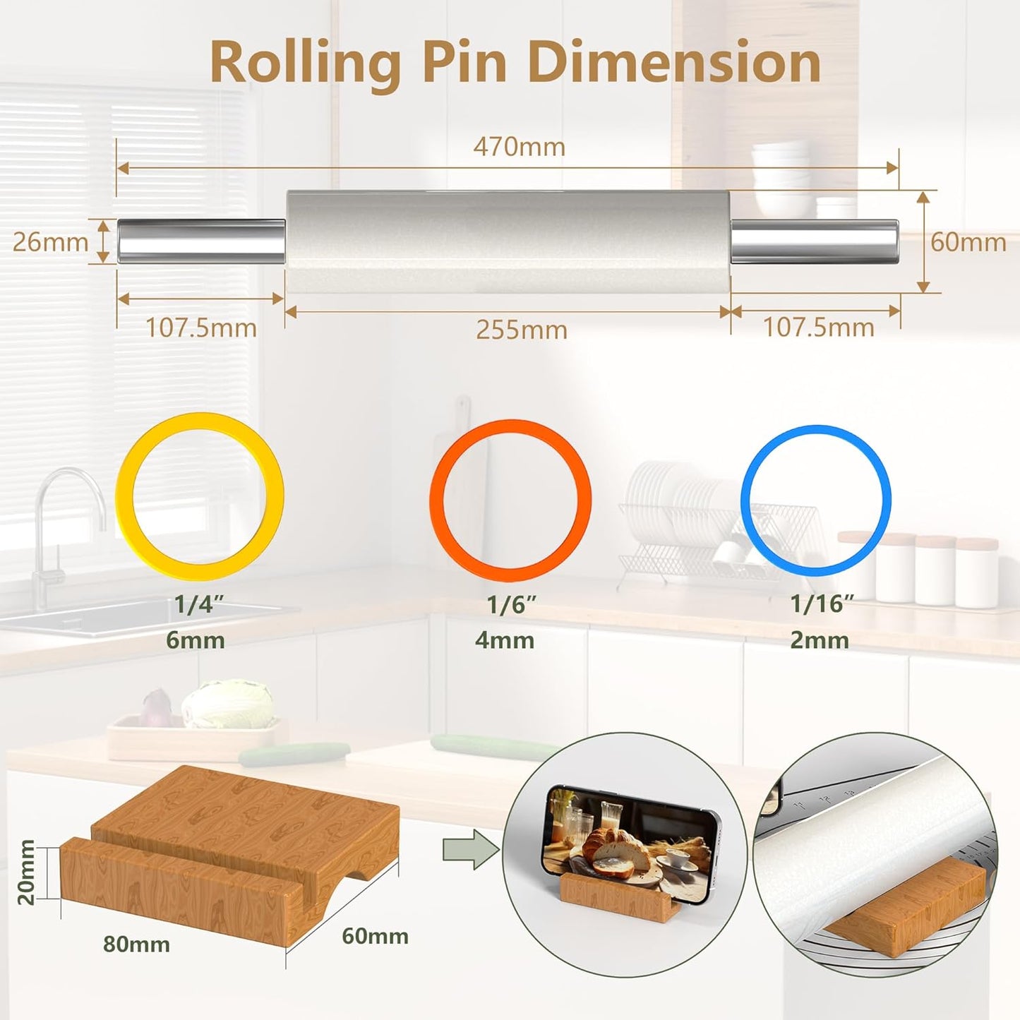Marble Rolling Pin with Stainless Steel Handle for Baking,Fondant,Pizza,Cookie Crust,Pie,Cookies,Pastry, 18.5â(Includes handle) Marble Rolling Pin with 3 Multi-Color Thicknesses and Wood Stand