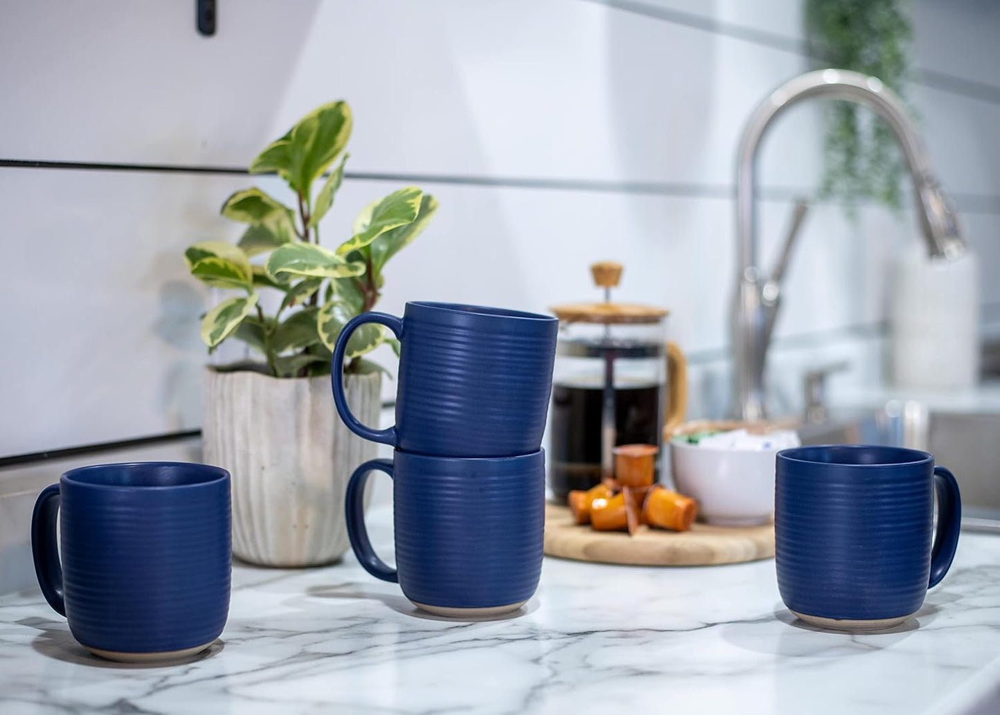 Elanze Designs Ribbed Ceramic Stoneware 16 ounce Raw Clay Bottom Coffee Mugs Set of 4, Royal Blue