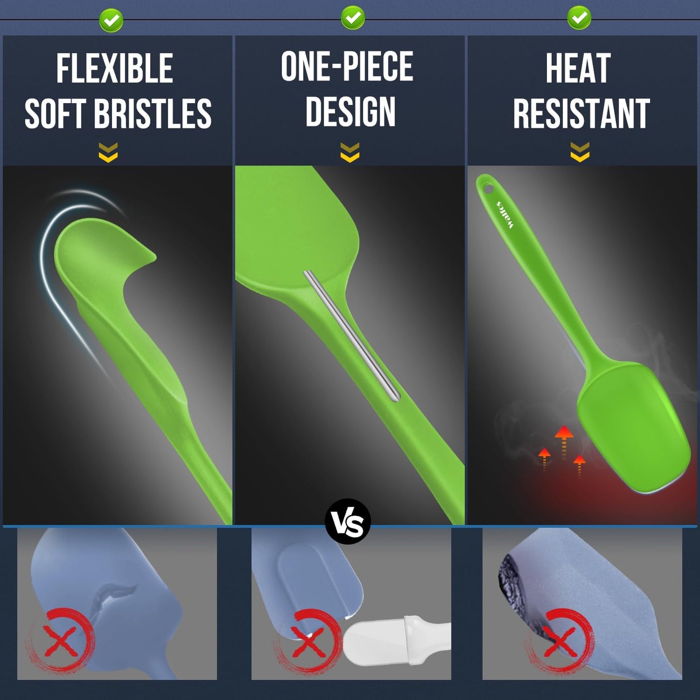 Walfos Silicone Spatula -600°F Heat Resistant Kitchen Scraper Spatulas, Strong Steel Core and One-Pieces Design, for Cooking Mixing Baking - BPA Free and Dishwasher Safe, Multicolor set of 5