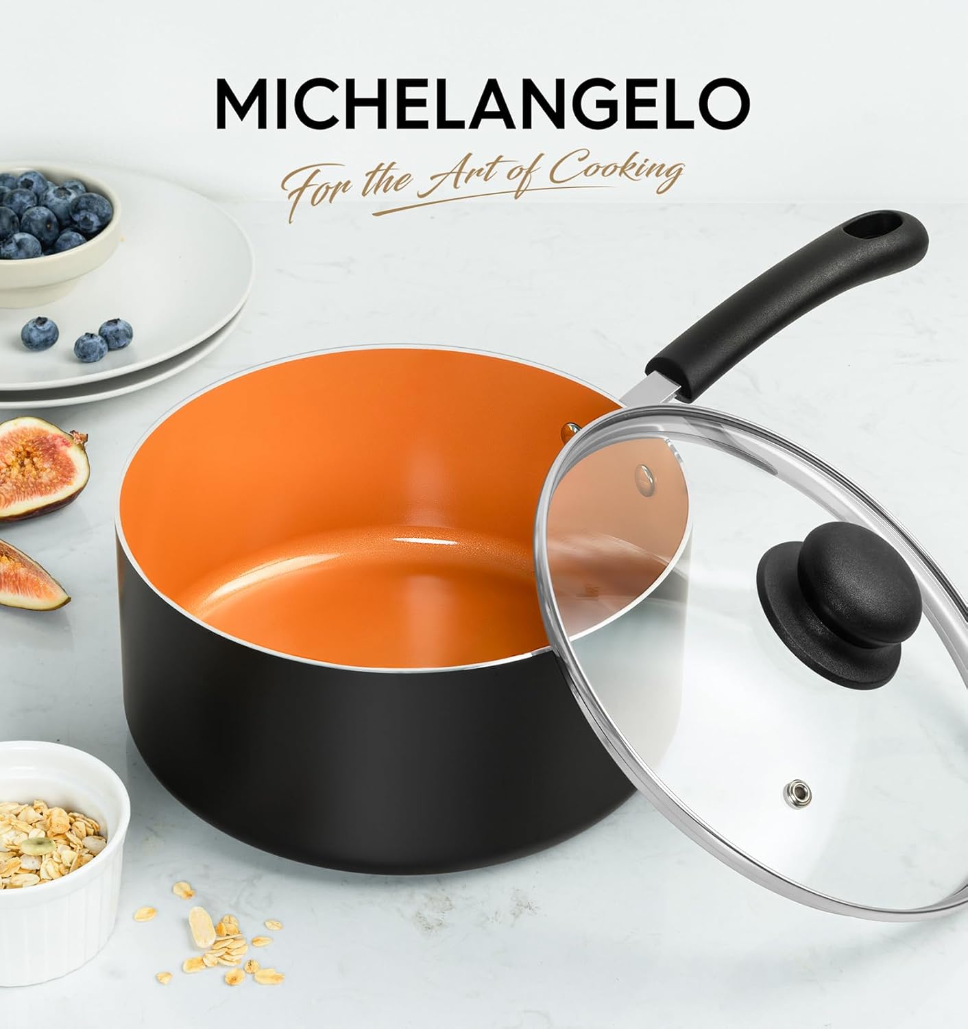 MICHELANGELO Nonstick Sauce Pan With Lid, 3QT Ceramic Saucepan, Copper Saucepans, PFAS-FREE Pot, Small Pots For Cooking, Multipurpose Cooking Pots For Home Kitchen, Dishwasher Safe