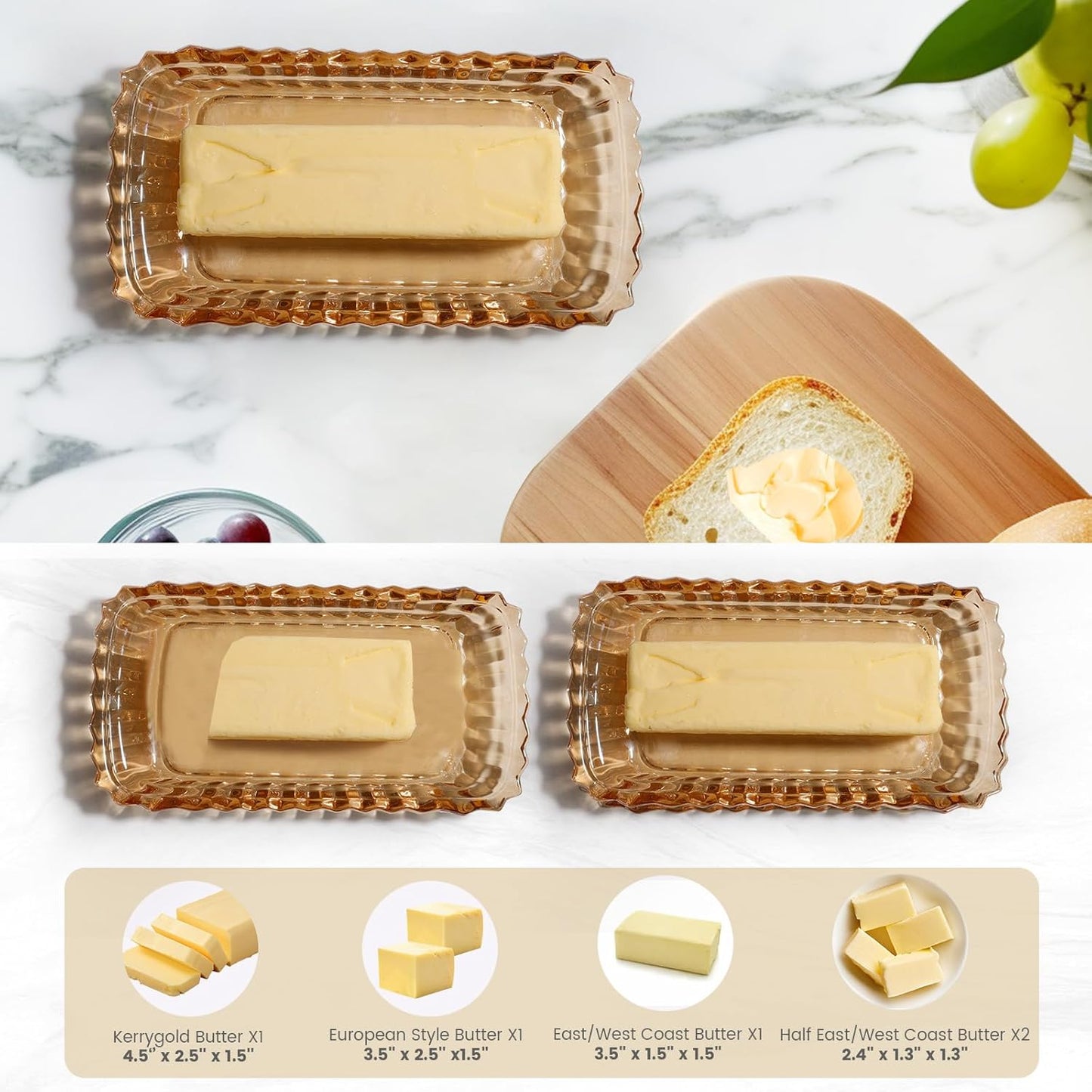 Glass Butter Dish with Cover for Countertop Amber Vintage Crystal Butter Dish with lid for Counter,Covered Glass Butter Holder Keeper Butter Tray for Refrigerator,Butter Container with 4oz Butter