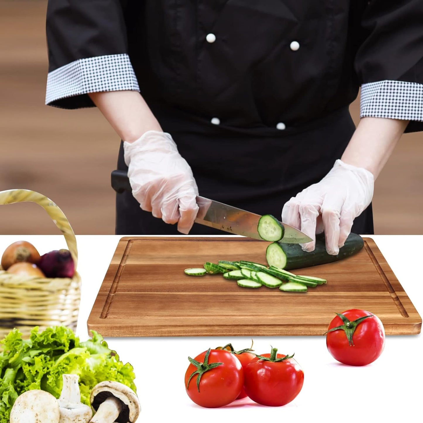 17" Best Solid Acacia Wood Cutting Boards for Kitchen Meat Large Wooden Charcuterie Board Food Non Toxic Hardwood Chopping Boards with Juice Groove Thick Butcher Block Big Bread Serving Cheese Board