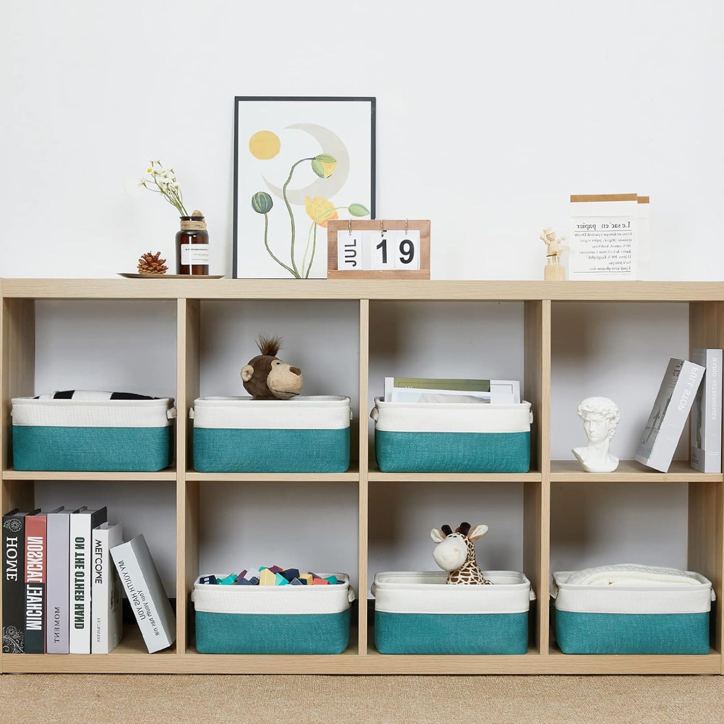 HNZIGE Small Closet Storage Baskets for Storage,Rectangular Storage Baskets Bins for Nursery,Gifts Empty Baskets for Organizing Shelves,Baby,Toy,Home(White&Teal,11.8" x 7.8" x 5.1")