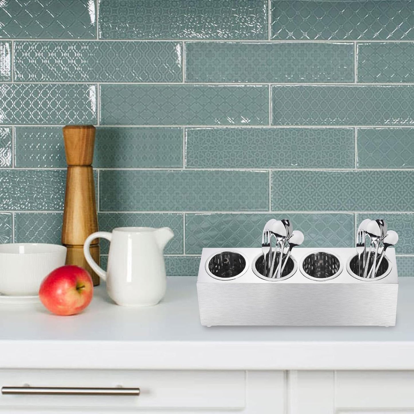 uxcell Commercial Utensil Holder, Stainless Steel Cylinder Flatware Silverware Utensil Holder Caddy Drying Rack Countertop Silverware Organizer (4 Holes)