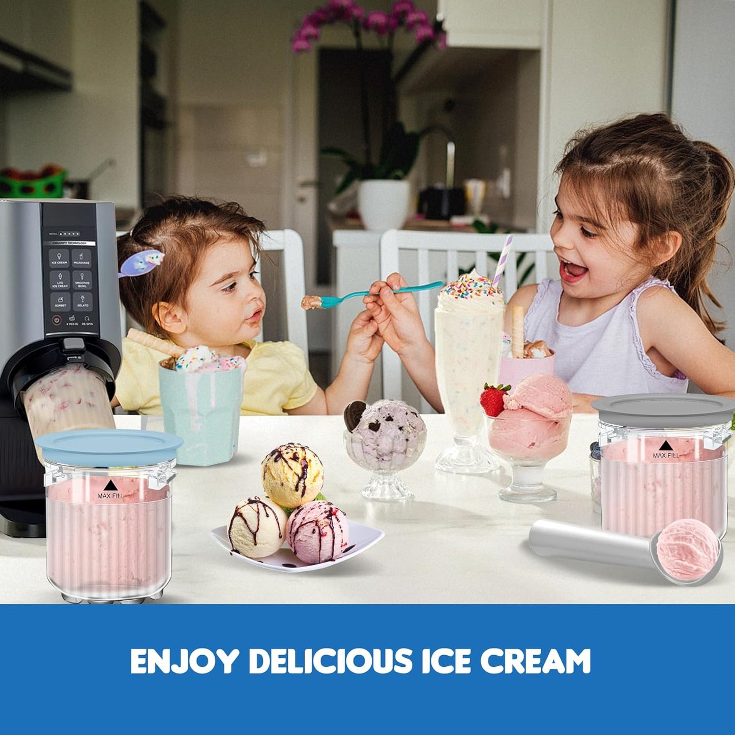 Creami Breeze Pints and Lids for Ninja, 16oz Creamer Cups Storage Containers Holder Can Canisters Replacement Accessories for NC100 NC200 NC201 CN205A Ice Cream Maker Airtight BPA-Free Dishwasher Safe