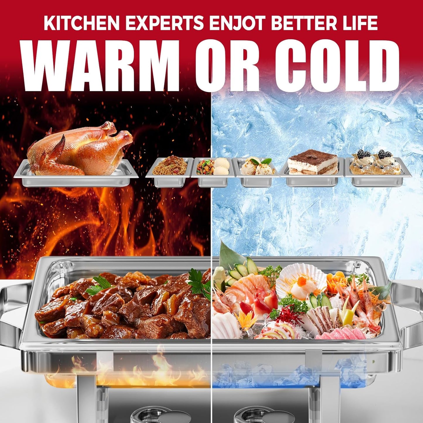 4 Pack Chafing Dish Buffet Set, 8QT Stainless Steel Rectangular Chafers and Buffet Warmer Sets 7 Pans Rolled-Edge Design for Catering Event Party Holiday