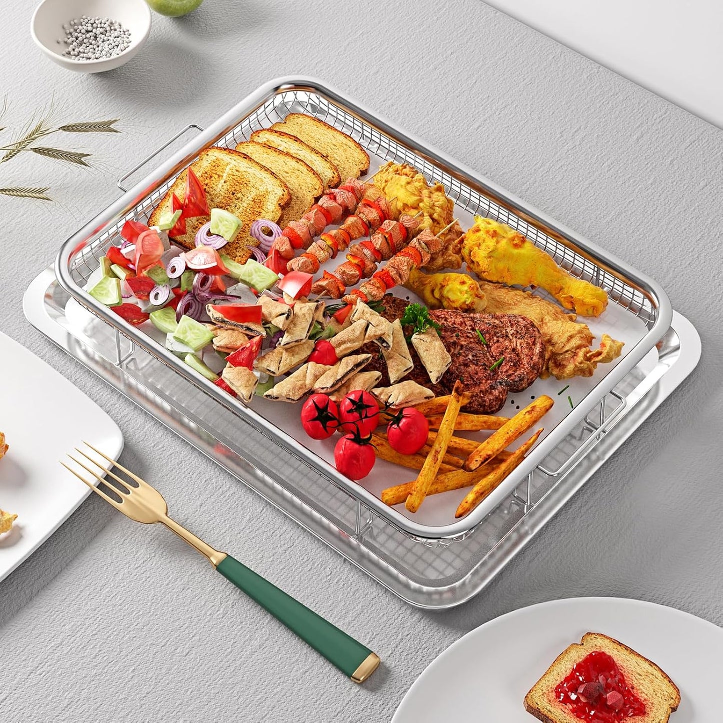 Air Fryer Basket for Oven, OPENICE 15.6" x 11.6" Large Air Fryer Tray and Pan with 30PCS Parchment Papers, Stainless Steel Oven Air Fryer Basket and Tray for Baking Grilling