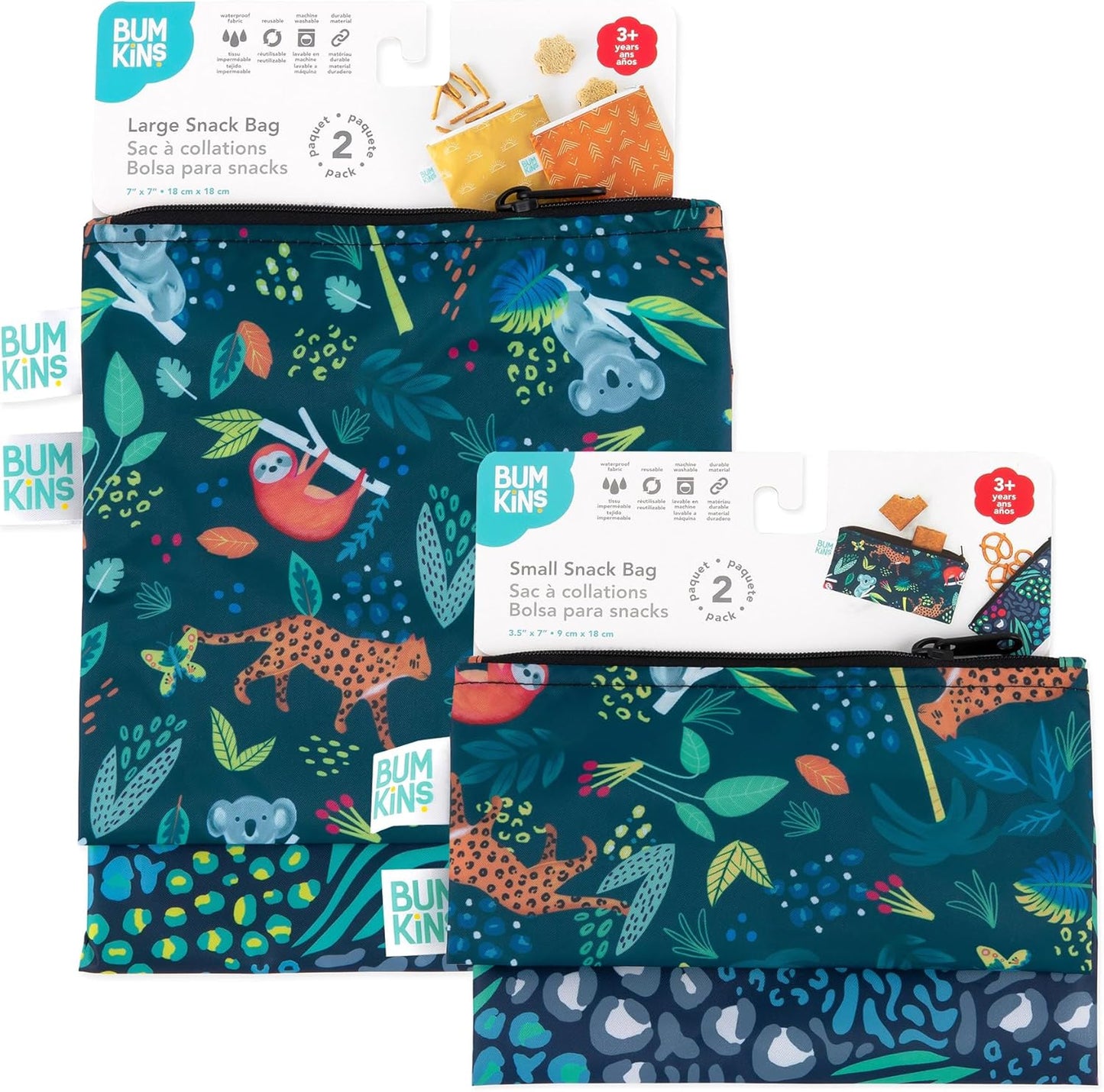 Bumkins - Cloth Snack & Sandwich Bags - For Storage, Travel, Food Prep, Lunch - Reusable, Water Resistant, Washable, Dishwasher Safe - Snack Bags for Kids - Zipper Closure - Jungle - 4 Pack