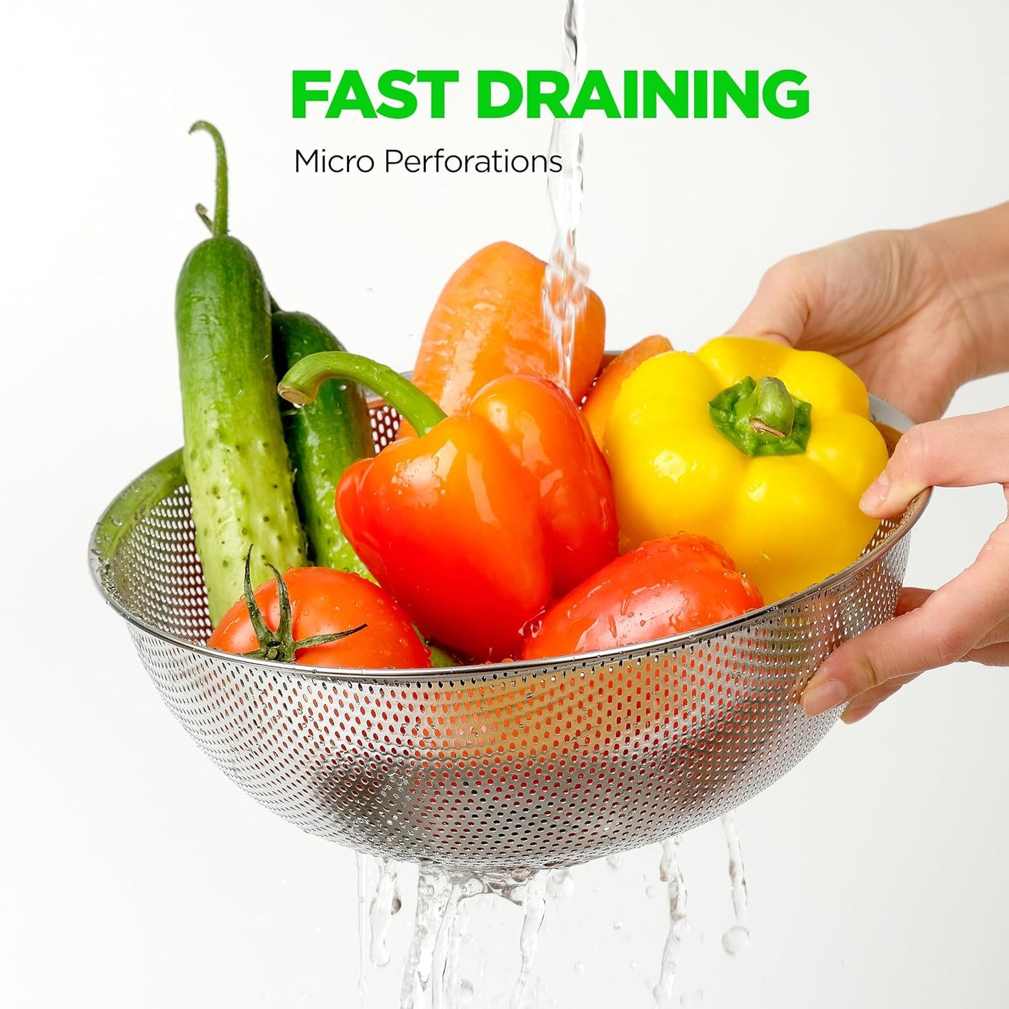 Premium 18/8 304 Stainless Steel Micro-Perforated Small and Big Colander Set of 4 with rings - 3.5-5.5-7.5-9.5 Quart Set, Self-Draining Solid Base for Pasta, Fruits, Vegetables