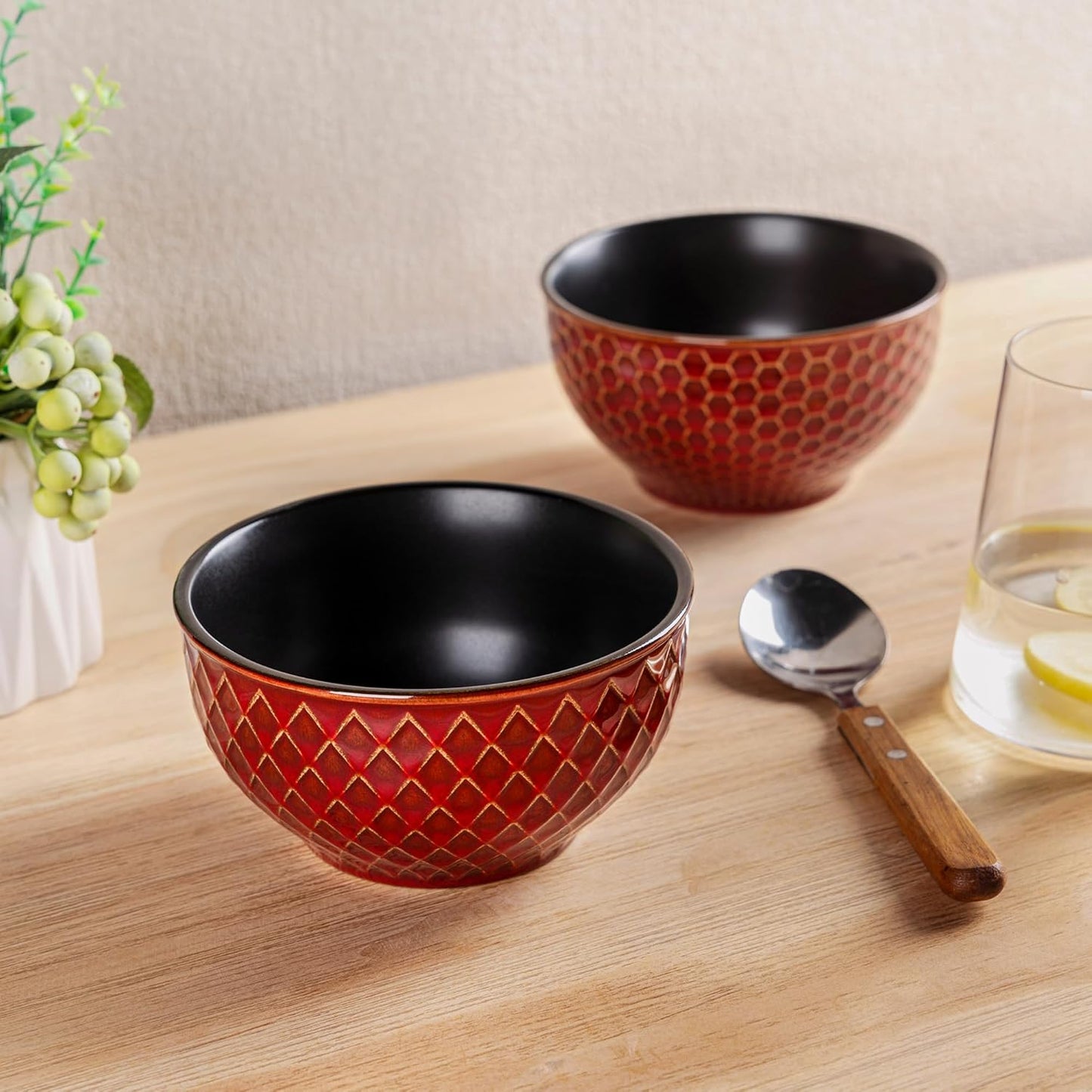 GBHOME Stoneware Cereal Bowls Set of 4, 24 oz Ceramic Soup Bowls with Texture Patterns for Soup,Oatmeal,Snack Perfect for Wedding, House-warming Gift -Rythmic Red