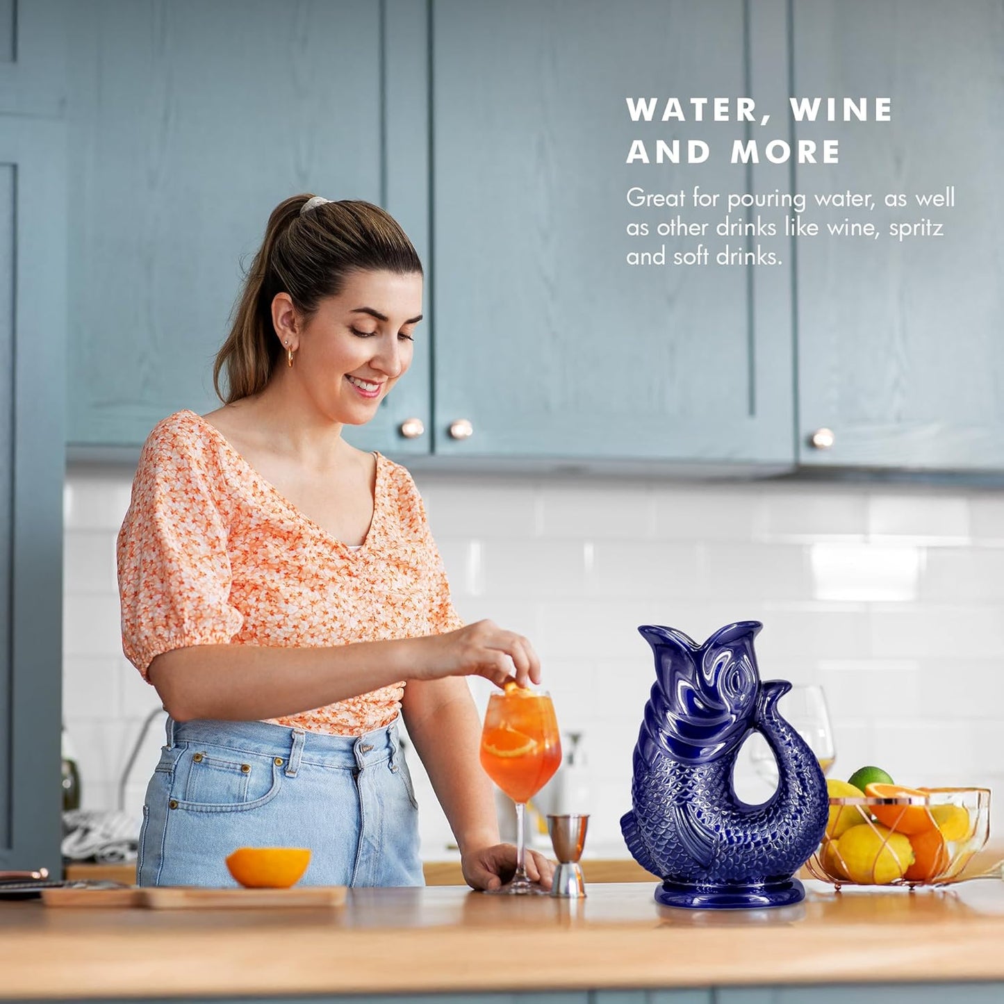 Gurgle Glug Jug The Bubble Jug® Sage Green 50 fl oz 1.5L Litre Extra Large Pitcher - Fish Shaped Jug - Decorative Ceramic Glugging Cocktail, Water and Gin Vase and Gurgling Carafe Pot