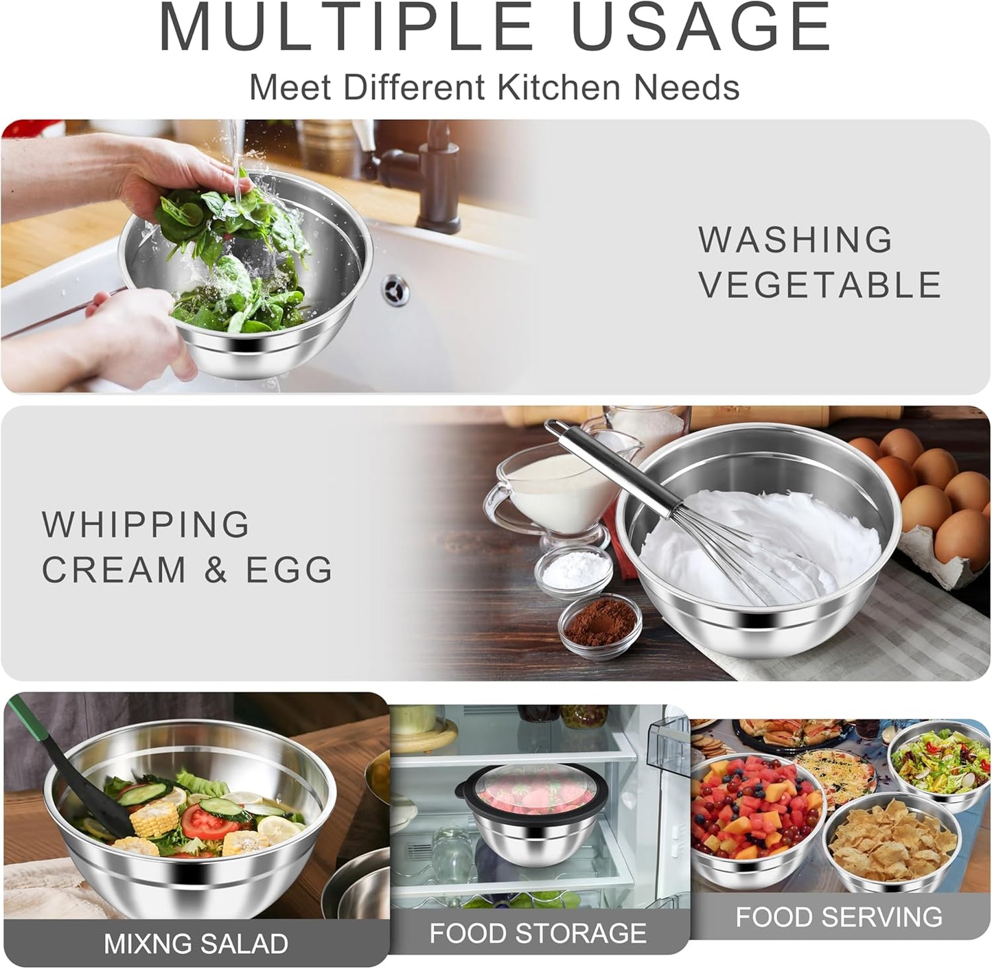 HaWare Mixing Bowls with Airtight Clear Lids, 6-Piece Stainless Steel Strong Nesting Bowls Set, Metal Salad Bowl for Cooking, Prepping, Baking, Serving & Food Storage, Size 4.6, 3, 1.5QT, Black