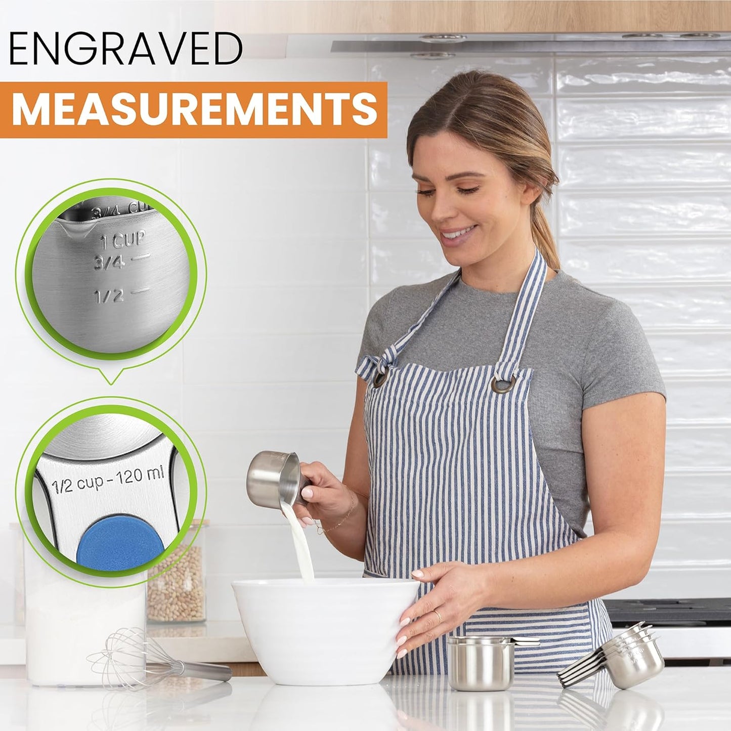 Spring Chef Magnetic Stainless Steel Measuring Cups, Patented, Kitchen Tools with Easy to Read Markings for Measuring Dry or Liquid Ingredients, Set of 7, Winter Frost