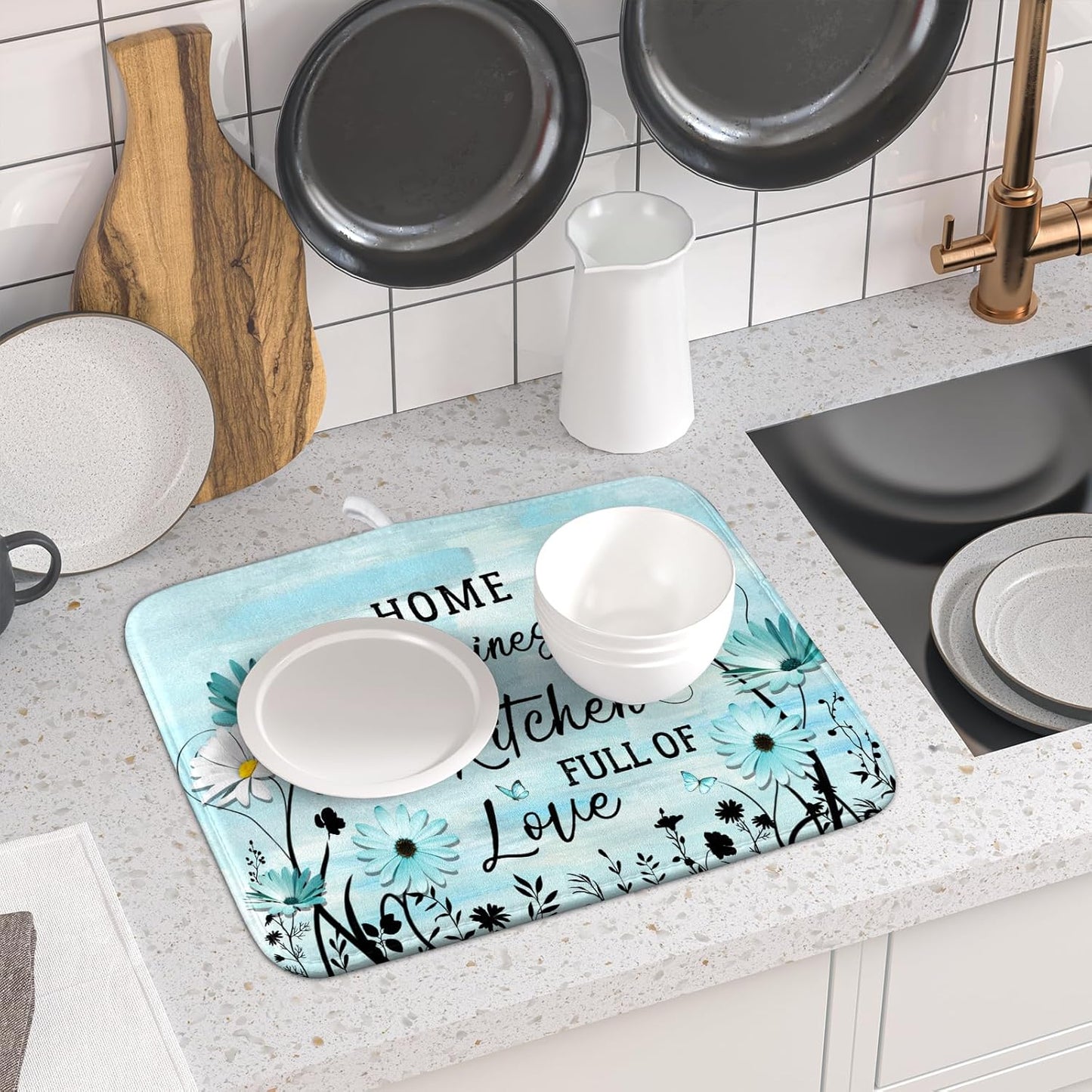Blue Daisy Dish Drying Mat 16x18 Inch Love Kitchen Absorbent Microfiber Washable Fast Drying Pad Dishes Rack Mat for Kitchen Counter