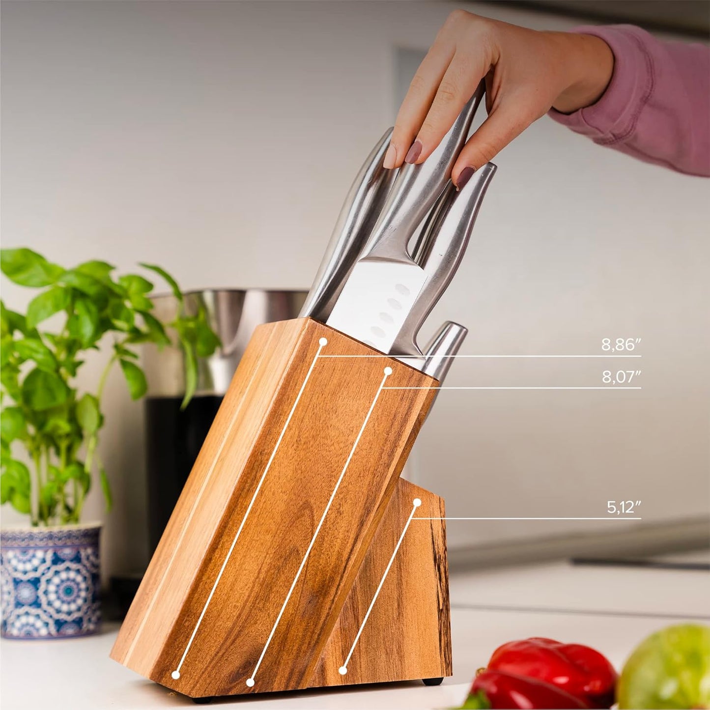 Coninx Acacia Wood Kitchen Knife Block - 15 Slots Knife Holder - Professional Quality Wood Knife Organizer - Secure Knife Stand To Keep Knives Neat & Sharp - Knife Blocks for Kitchen Knife Storage
