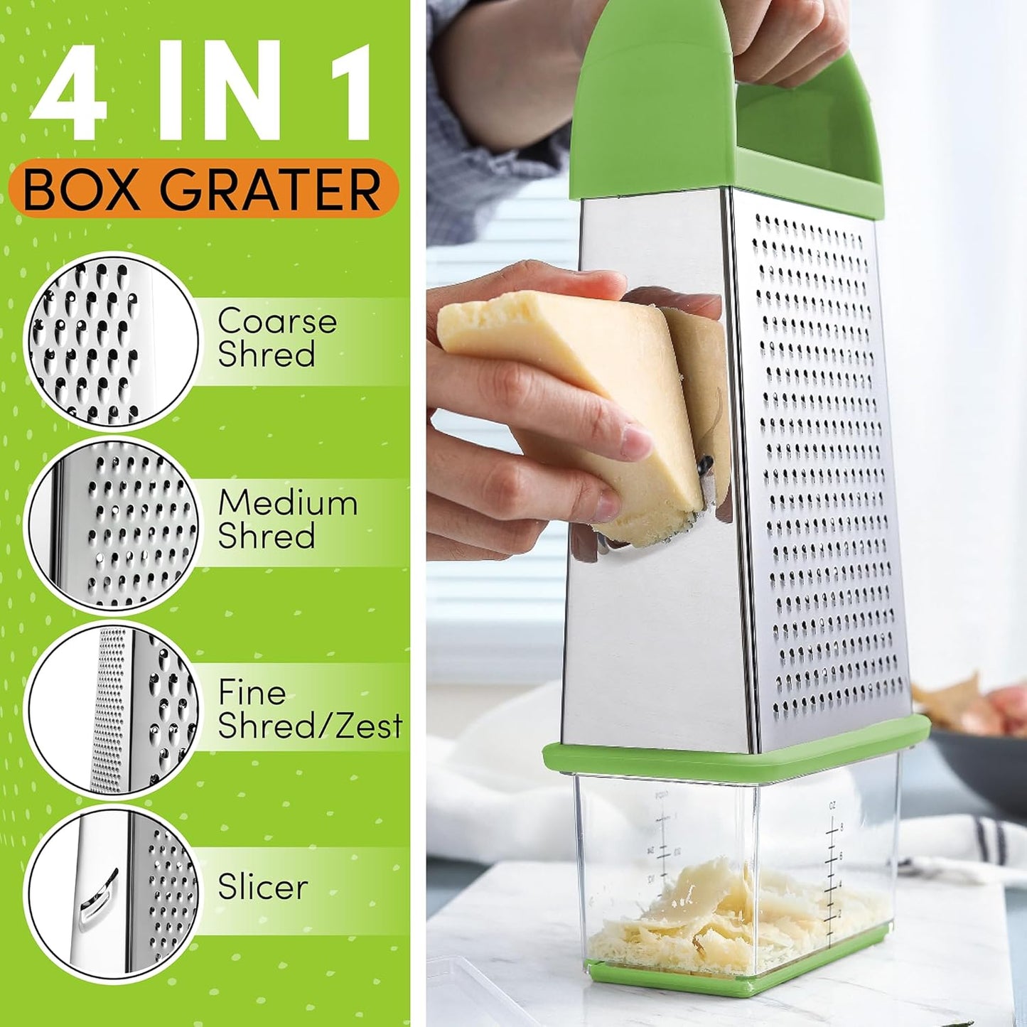 Spring Chef Professional Green 10" Parmesan Cheese Grater With Container, Stainless Steel Food Grater for Kitchen with Handle, 4 Sided Carrot Shredder, Handheld Vegetable & Cabbage Shredder
