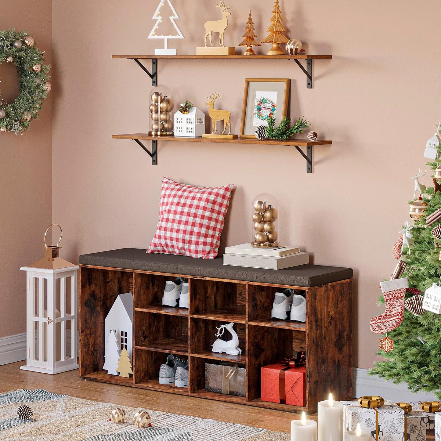 DINZI LVJ Long Wall Shelves, 39.4Inch Wall Mounted Shelves Set of 2, Easy-to-Install, Wall Storage Ledges with Sturdy Metal Brackets for Living Room, Bathroom, Bedroom, Kitchen, Rustic Brown