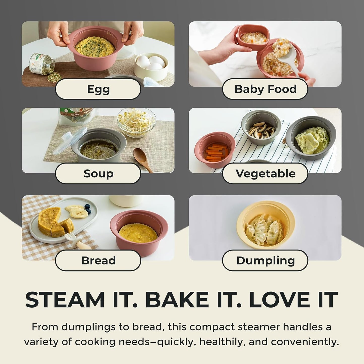 40oz Platinum Silicone Microwave Steamer Pot with Handle & Lid - Korea 100% Food-Grade Steamer Bowl, Heat-Resistant Cooker with Steam Holes, Easy Clean, Dishwasher Safe, Taupe Brown