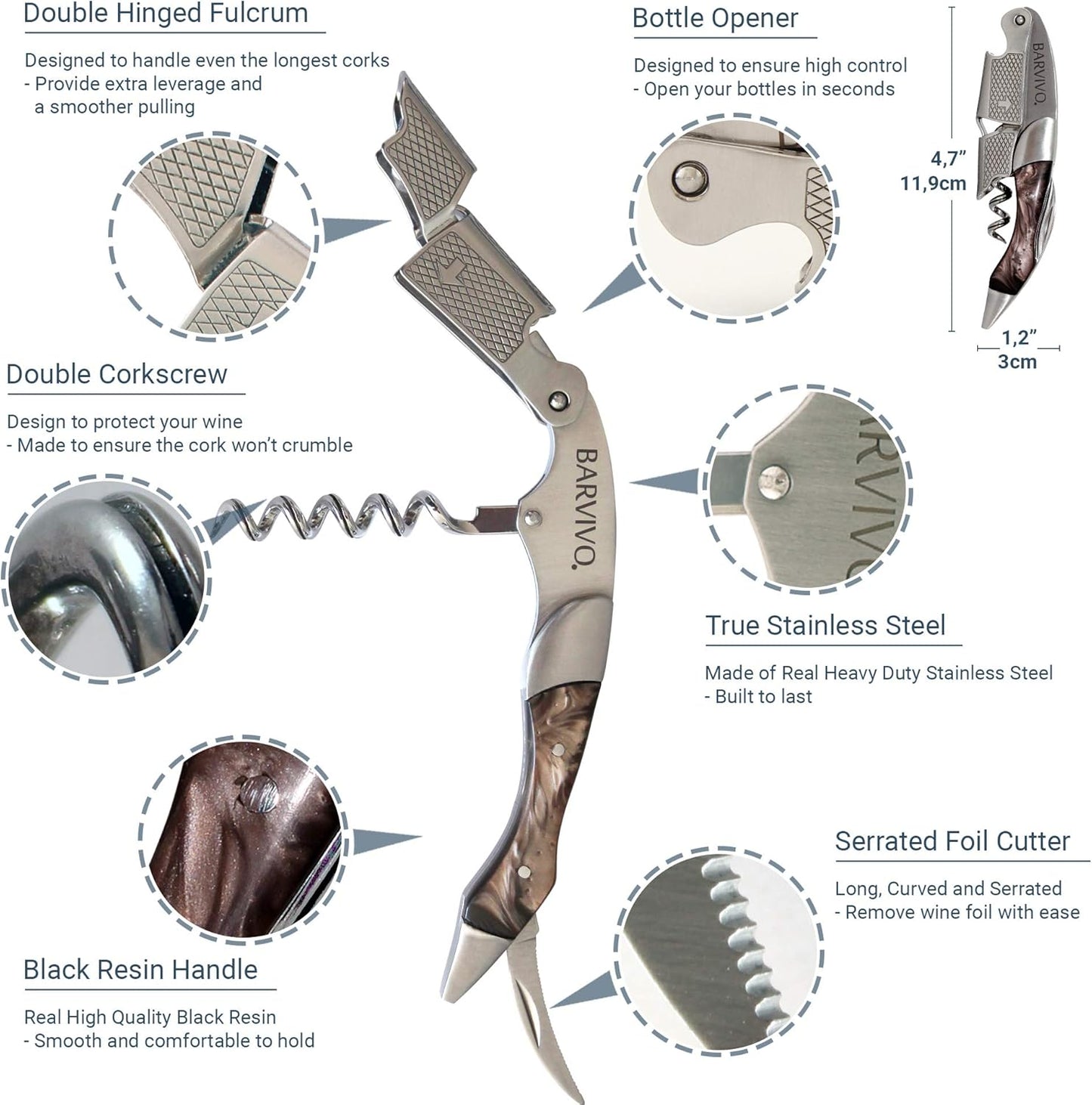 Barvivo Black Resin Wine Opener with Foil Cutter Knife and Cap Remover, Double Hinged Manual Wine Key for Bartenders, Servers, Waiters, Stainless Steel Wine Bottle Opener Corkscrew