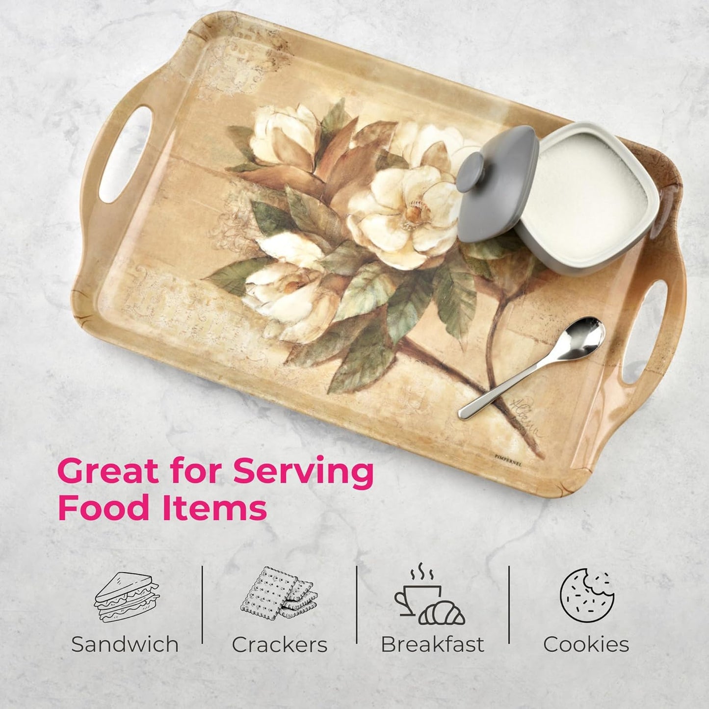 Pimpernel Sugar Magnolia Large Handled Tray - Rectangular Melamine Serving Tray with Bright Floral Magnolia Design & Side Handles - Dishwasher Safe Platter for Snacks Drinks/Decorative Table Display