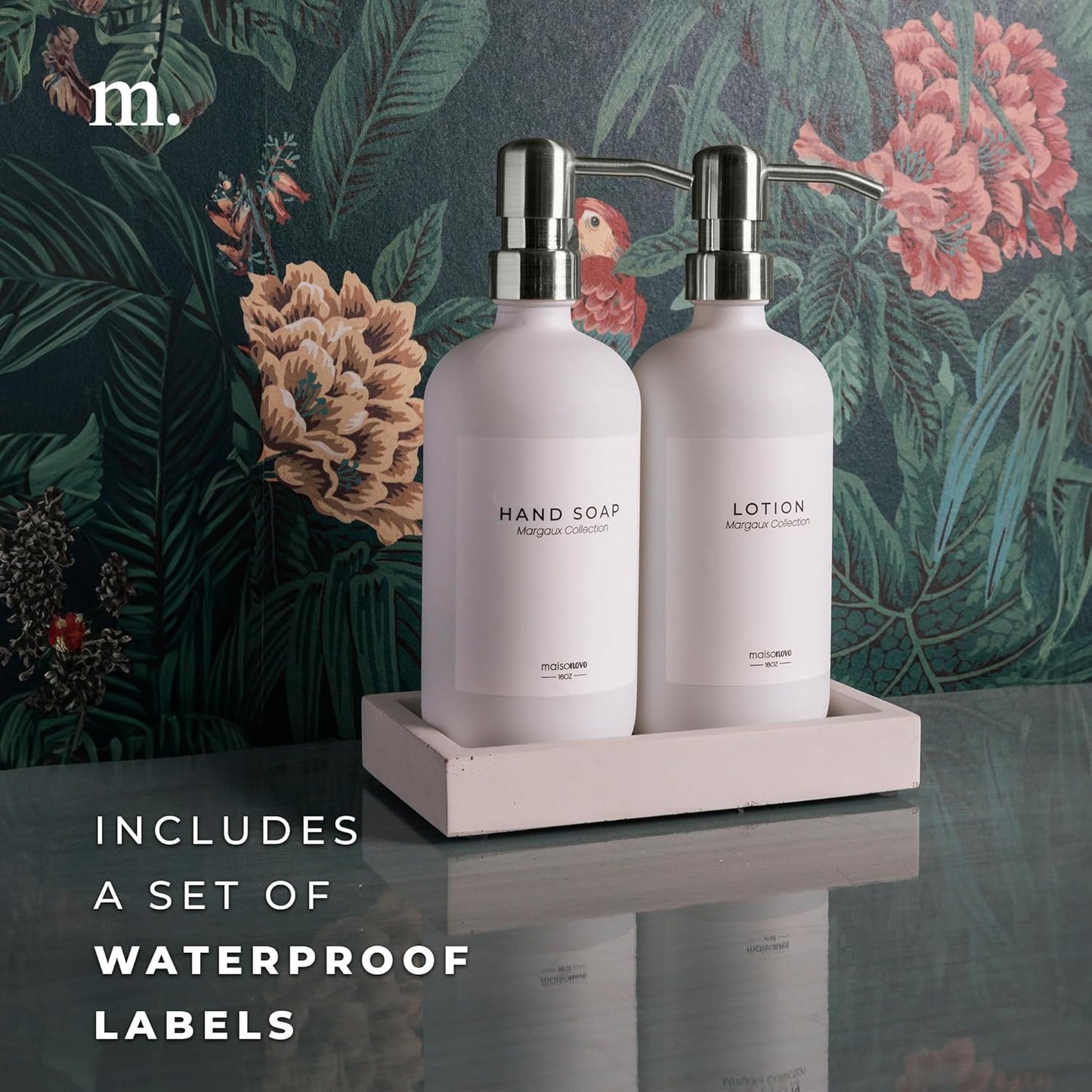 MaisoNovo Soap Dispenser 3-Piece Set | 16.9oz White Bottles with Silver Stainless Steel Pumps