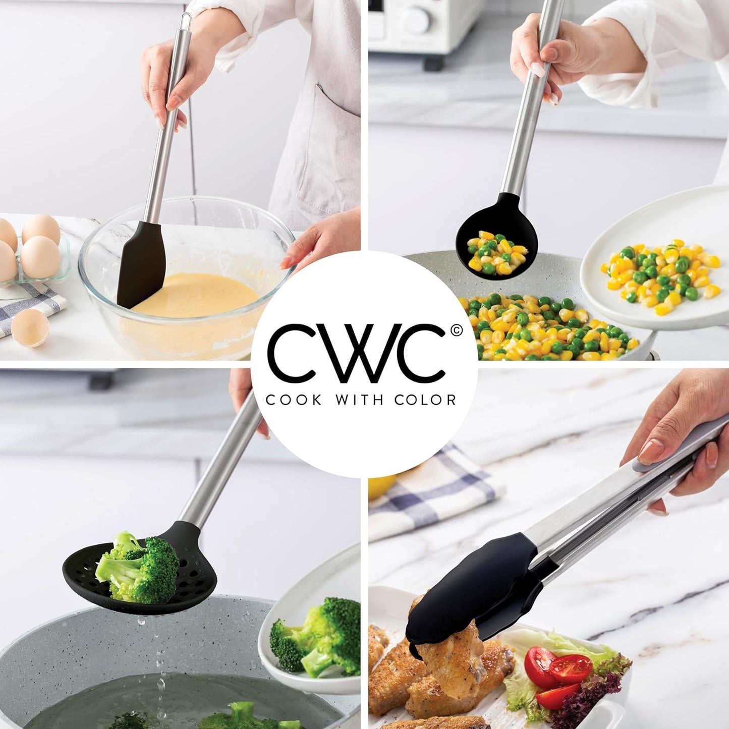 COOK WITH COLOR Silicone Cooking Utensils, Kitchen Utensil Set, Easy to Clean Silicone Kitchen Utensils, Cooking Utensils for Nonstick Cookware, Kitchen Gadgets Set, 10 Pieces, Black