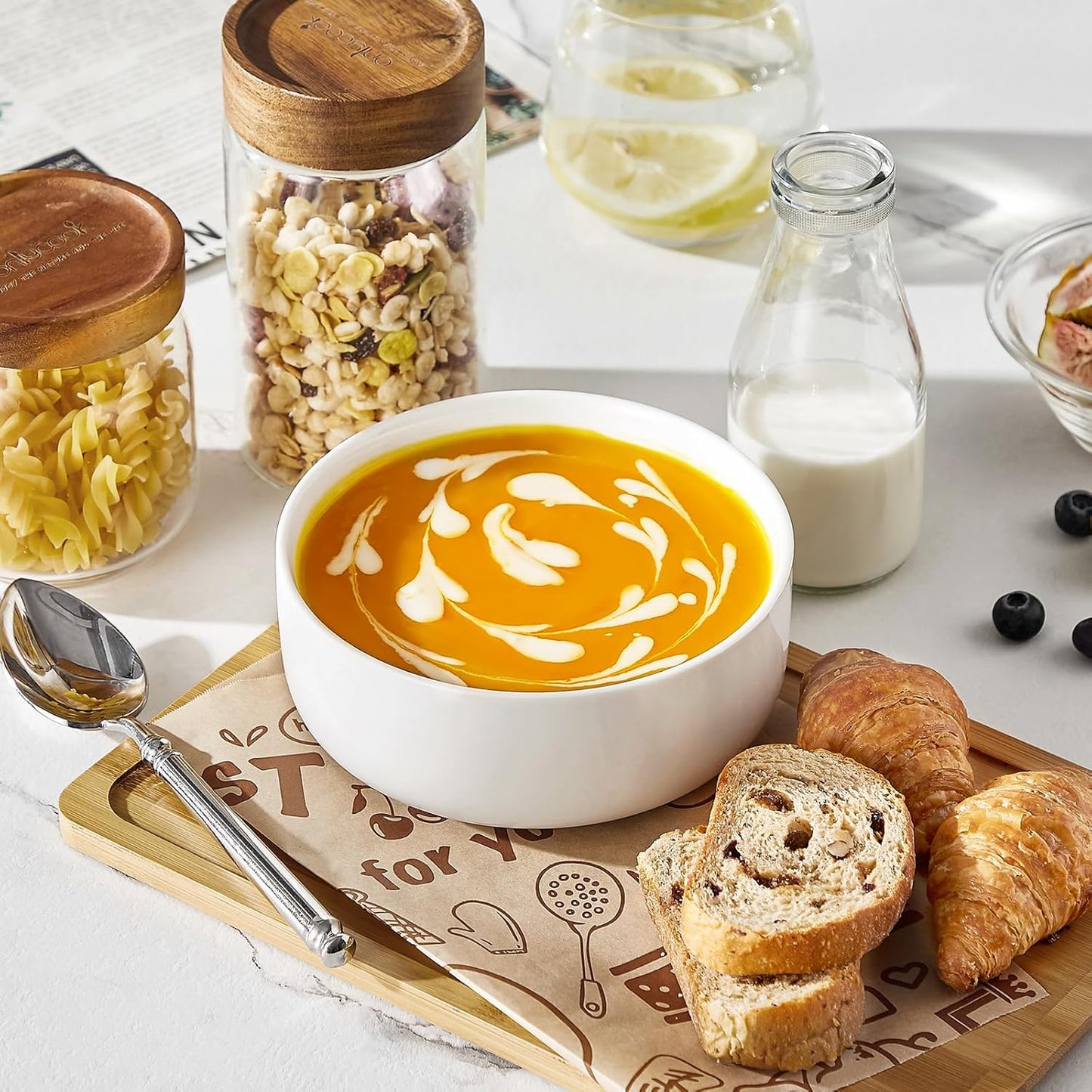 MALACASA 24 OZ Cereal Bowls, Porcelain Soup Oatmeal Bowls Set of 6, Kitchen Ceramic Serving Bowl, Dishwasher Microwave Oven Safe, White, Series LUNA