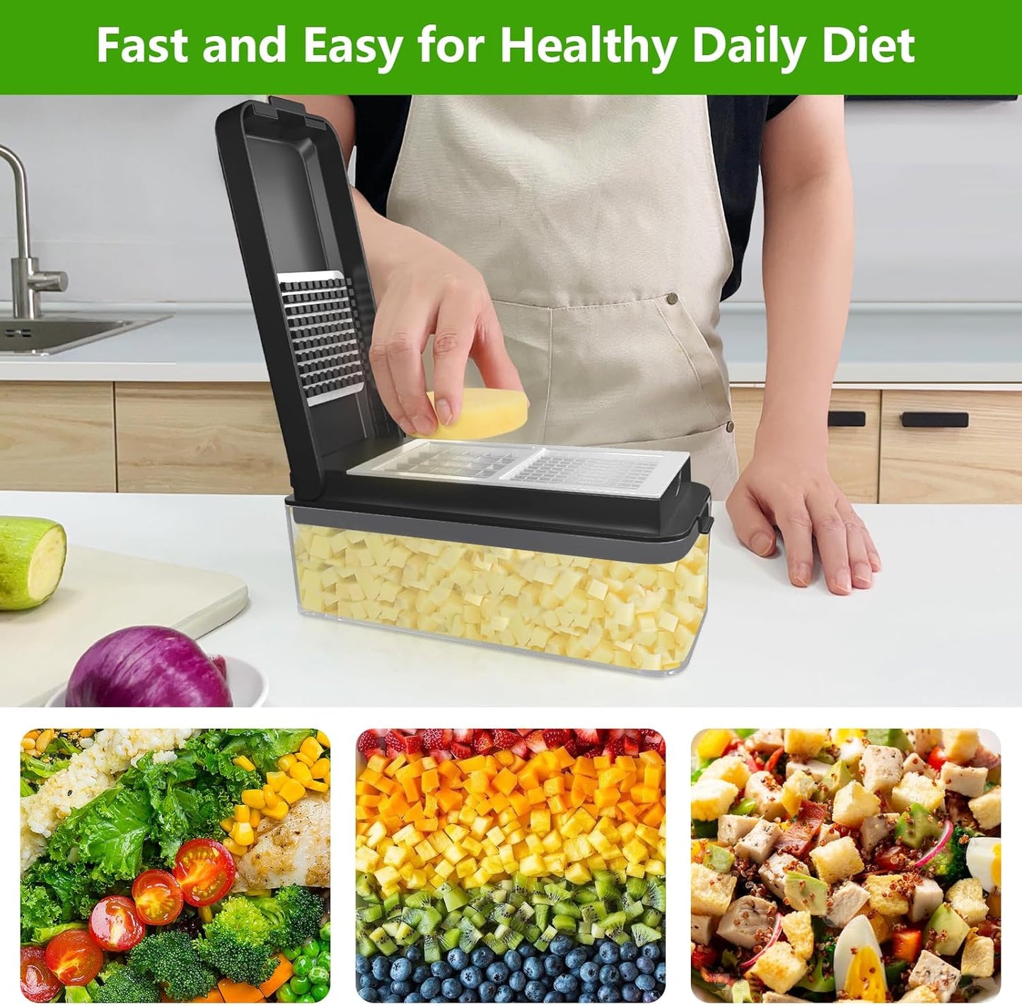 Vegetable Chopper, Onion Chopper Dicer, Mandoline Slicer, Food Chopper with Container, Vegetable Cutter for Salad Potato Carrot Garlic(2 Blades, Black White)