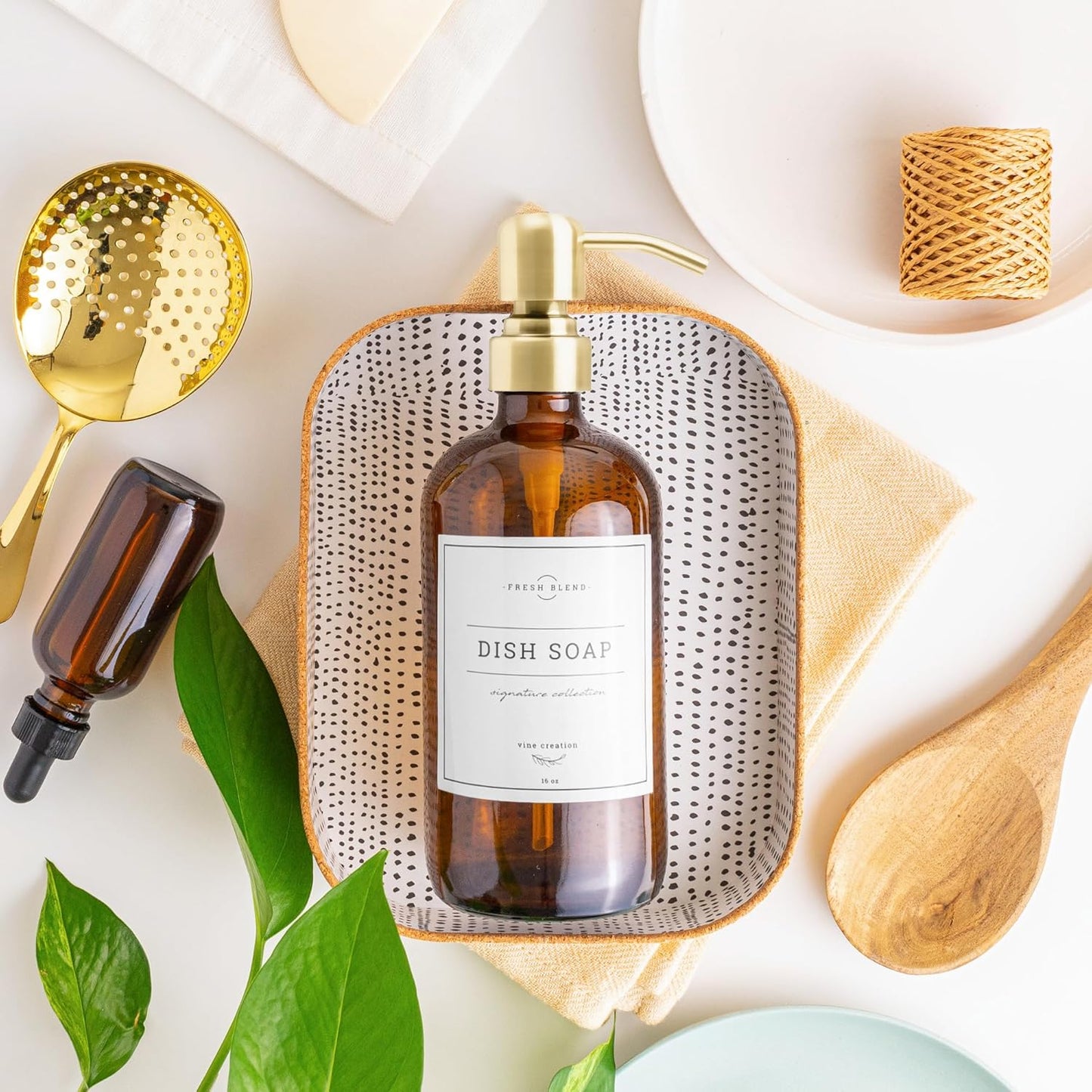 Vine Creations Amber Glass Soap Dispenser, 2 Pack Kitchen Soap Dispenser Set with Stainless Steel Pump, 16 oz Hand Soap and Dish Soap Dispensers for Kitchen or Bathroom with Waterproof Labels