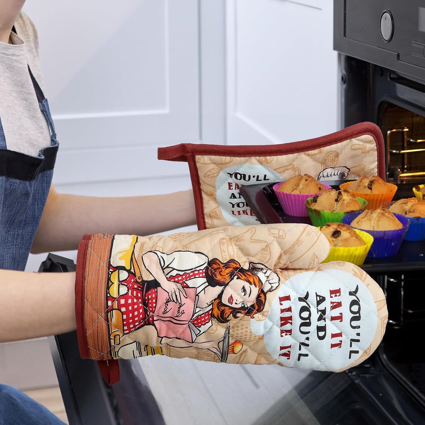 Retro Housewife Oven Mitts and Pot Holders Sets 4Pcs, 100% Cotton Heat Resistant, Extra Long Oven Gloves Potholder for Kitchen Cooking Baking Decoration