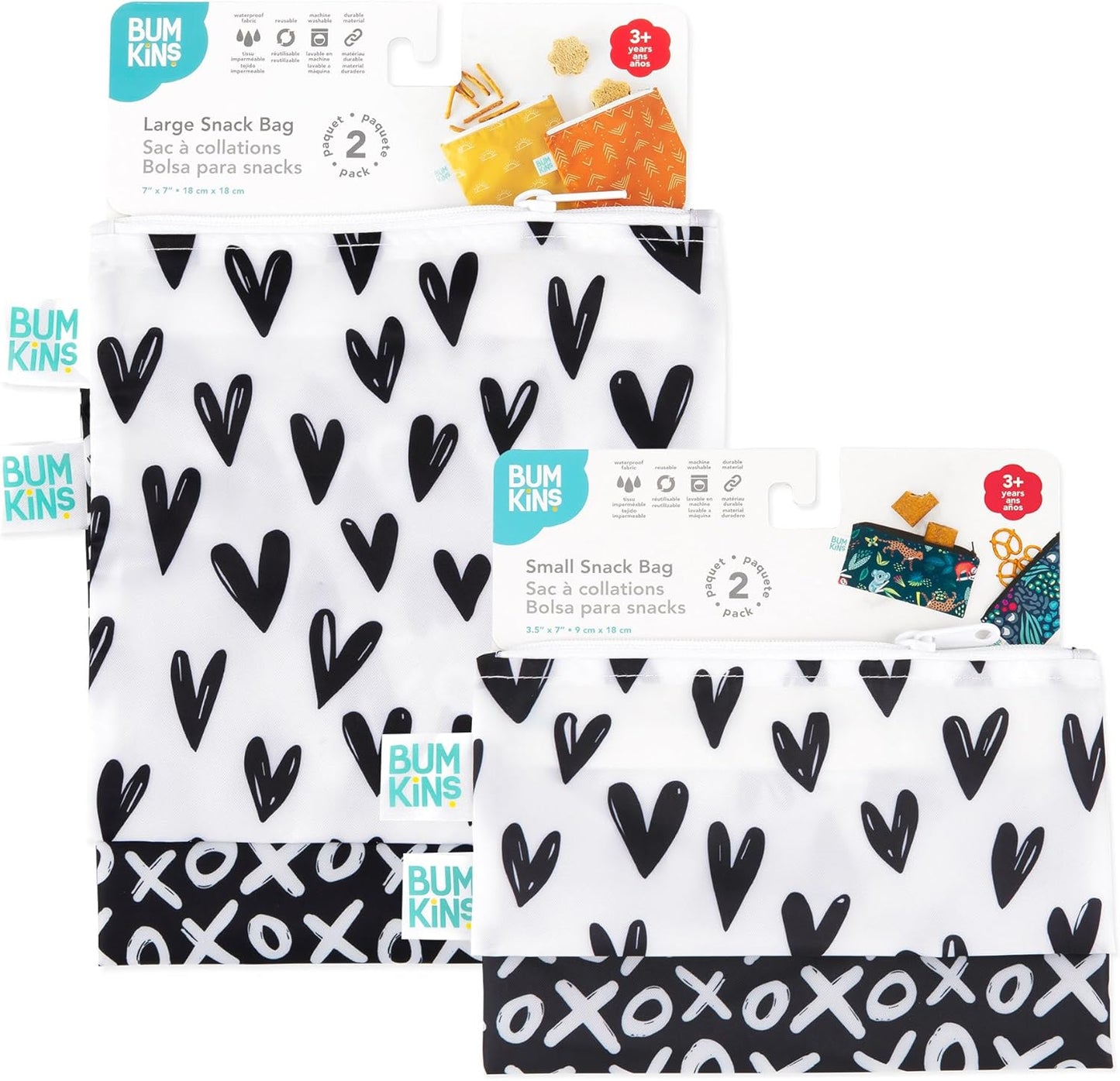 Bumkins - Cloth Snack & Sandwich Bags - For Storage, Travel, Food Prep, Lunch - Reusable, Water Resistant, Washable, Dishwasher Safe - Snack Bags for Kids - Zipper Closure - Black Hearts - 4 Pack