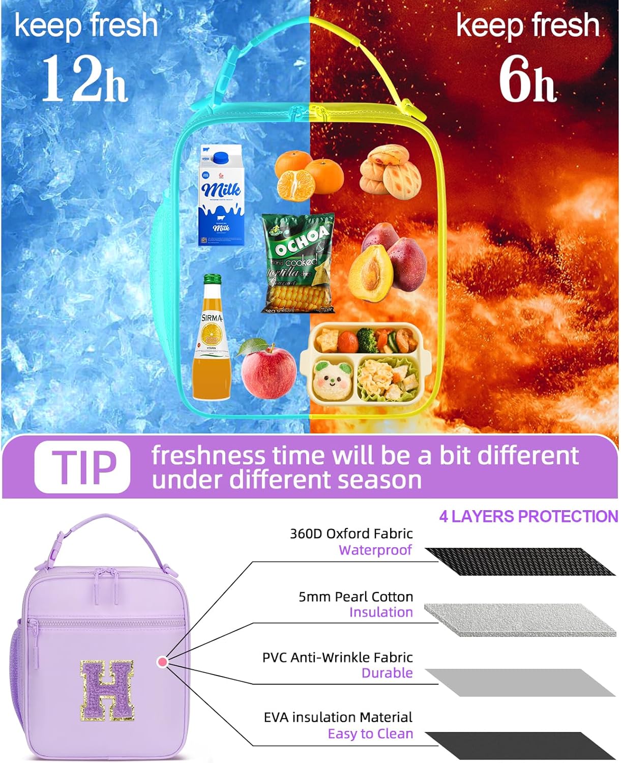 Initial Insulated Lunch Bag for Girls Kids, Back to School Gift, Reusable Leak-proof Lunch Box with Adjustable Strap for School Daycare Travel Picnic (Purple,H)