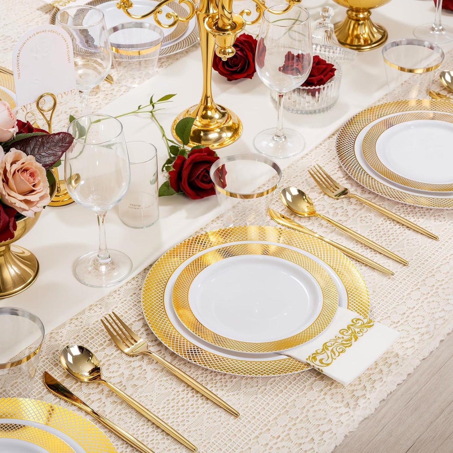 I00000 102 Pcs Gold Plastic Plates, Disposable Party Plates Include 51 Gold Dinner Plate 10.25’’ and 51 Disposable Dessert Plate 7.5’’ Perfect for Party & Wedding