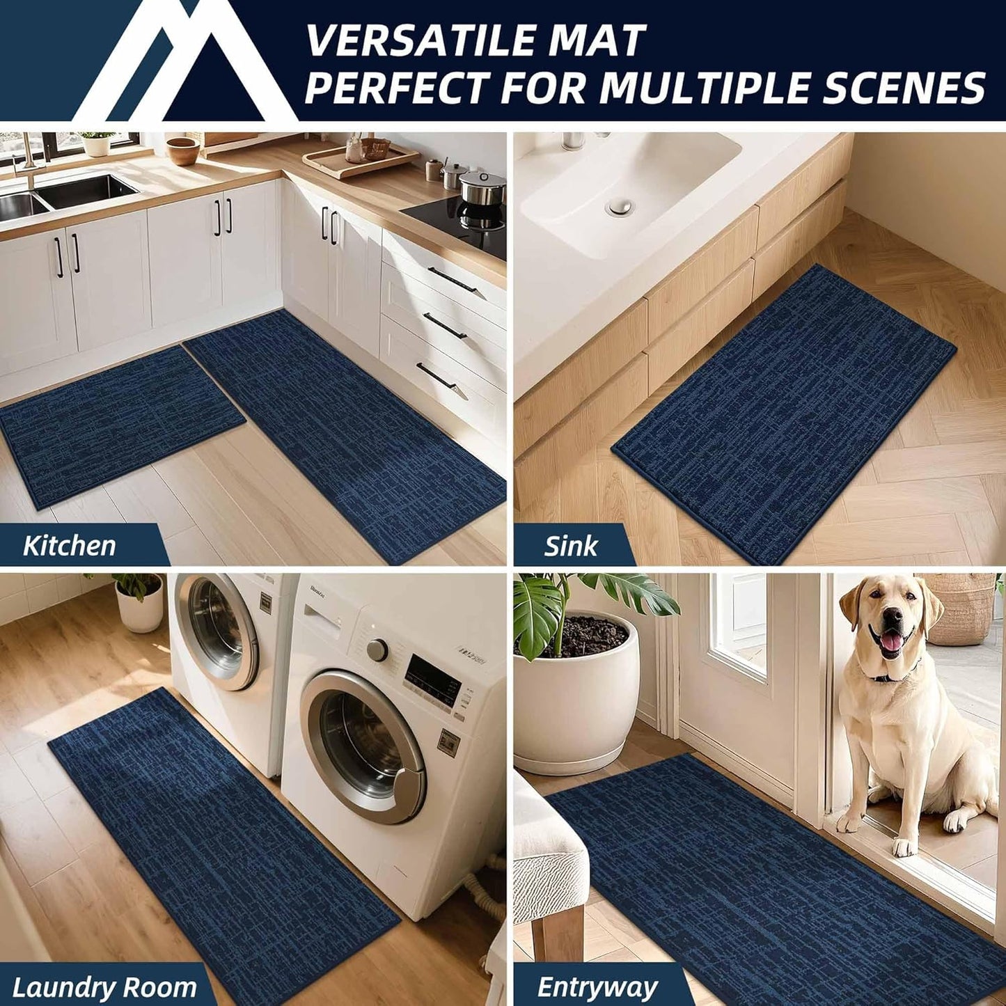 COSY HOMEER Kitchen Rugs Non Slip Washable 24"x36"+24"x60" Absorbent Soft Kitchen Mats for Floor Polyester Kitchen Runner Rug Sets of 2 Kitchen Floor Mats for Sink Mat,Hallway,Laundry,Navy Blue
