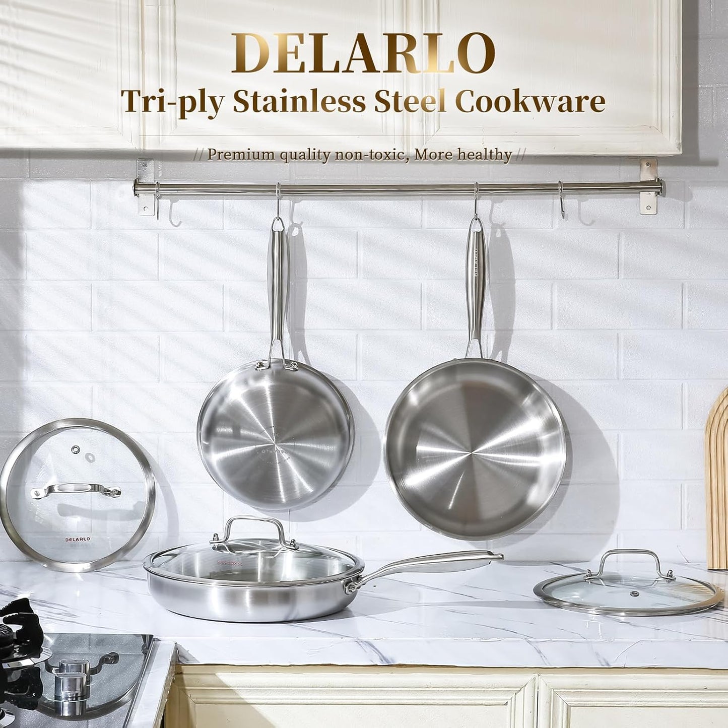 DELARLO Tri-ply Stainless Steel Frying Pan Set with Lid 8"12" Induction large Skillets Chef's Pan,Pots and Pans Set Kitchen Cookware Set Suitable for All Stove