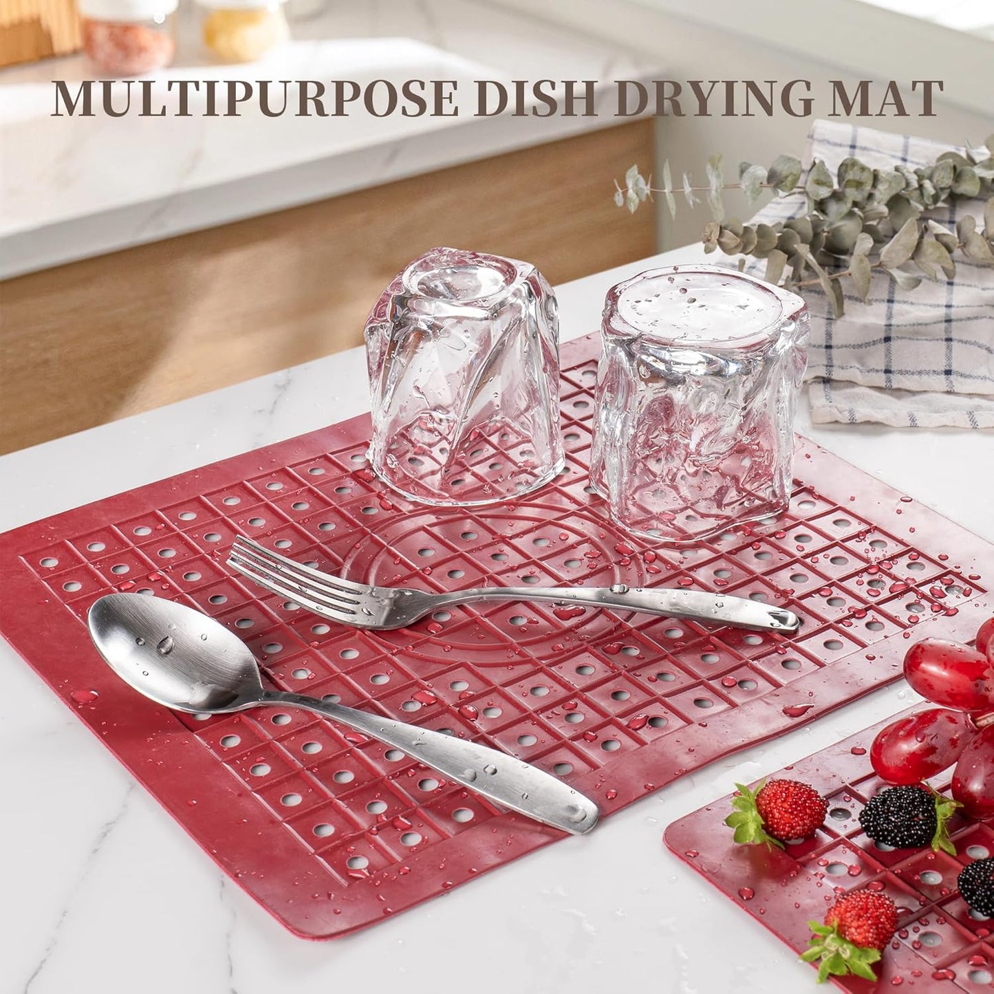 WILLKOMMEN Kitchen Sink Mat, 12" x 10" Rectangular Sink Protector Pad, Fast-Draining Grid Design Liner, Dish Drying Mat 2 Pack Red