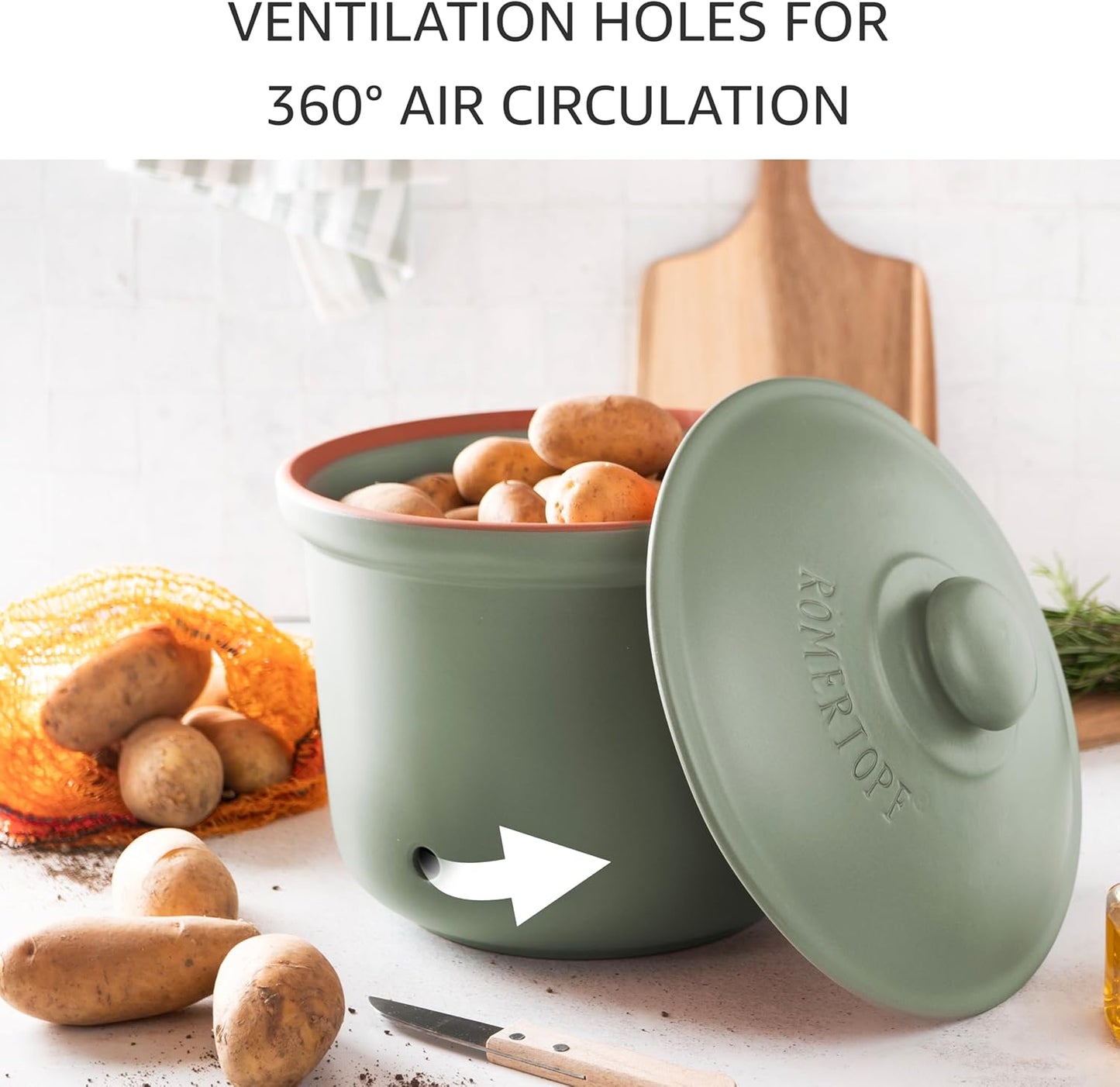 Romertopf Freshness Storage Potato Onion Garlic Clay Pot Set of 3 with Lids - Green