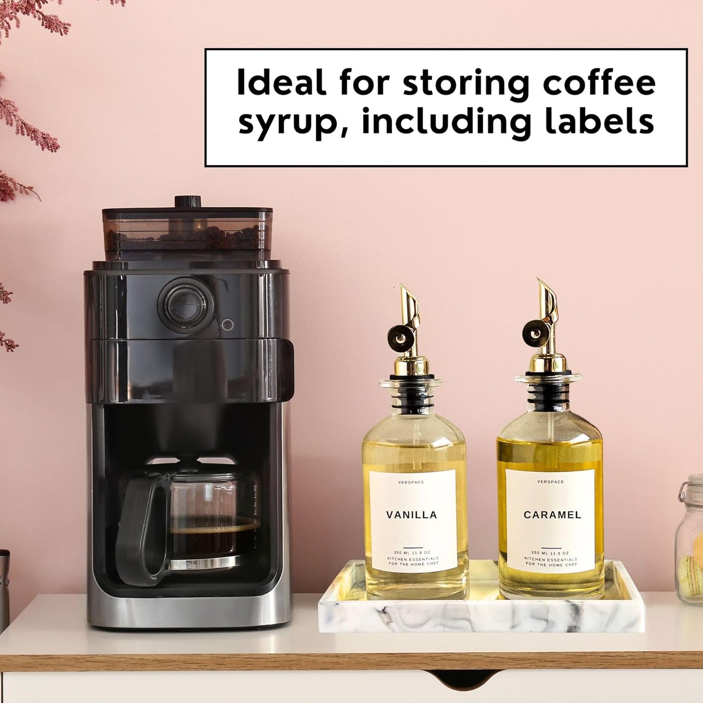 Olive Oil Dispenser For Kitchen With Silicone Tray & 40 Labels, Soy Sauce Dispenser, Coffee Syrup Dispenser, Olive Oil Bottles Set Of 2, Gold 500ml / 17oz