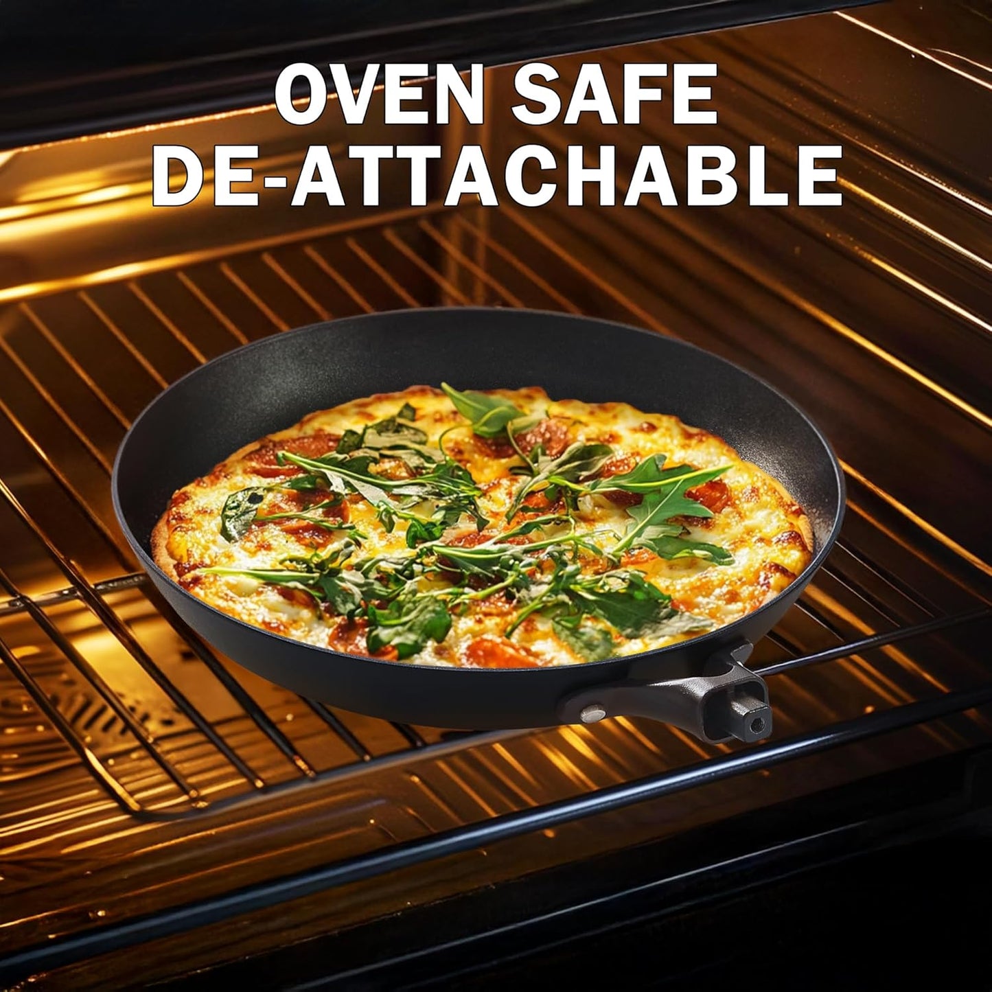 DM Cast Iron Skillet, 2 Piece Nonstick Frying Pan Set, 10 and 12 Inch with Detachable Acacia Wooden Handle, Honeycomb Non stick Omelet Egg Pan, Easy Clean Oven Safe Pans for Cooking