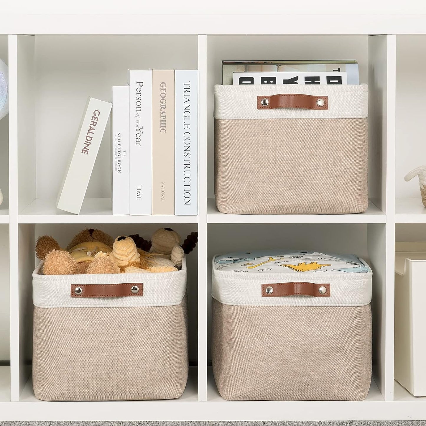 HNZIGE Fabric Storage Baskets for Shelves, Large Collapsible Storage Baskets for Organizing, Decorative Baskets Bins Set with Handles for Closet, Clothes,Home (3 Pack, White&Khaki,15" x 11" x 9.5")