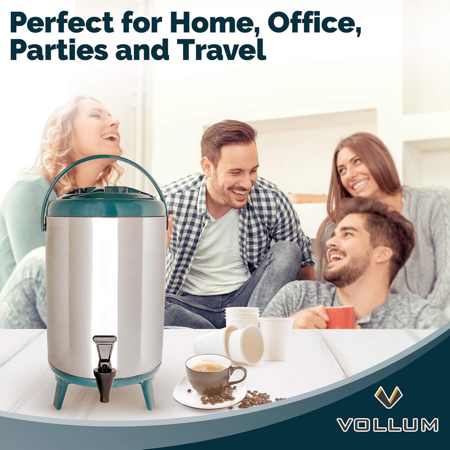 Stainless Steel Insulated Beverage Dispenser – Insulated Thermal Hot and Cold Coffee Carafe – 10 Liter Drink Dispenser with Spigot for Hot Water, Tea & Coffee, Cold Milk, Juice & More Teal