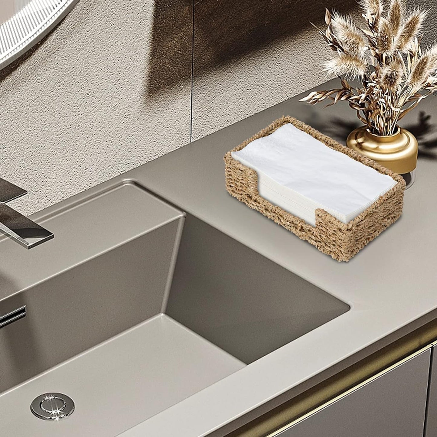 Bathroom Disposable Guest Towel Napkin Holder Long Seagrass Woven Rattan Wicker Table Dinner Paper Hand Guest Towel Napkin Basket Tray Caddy for Kitchen