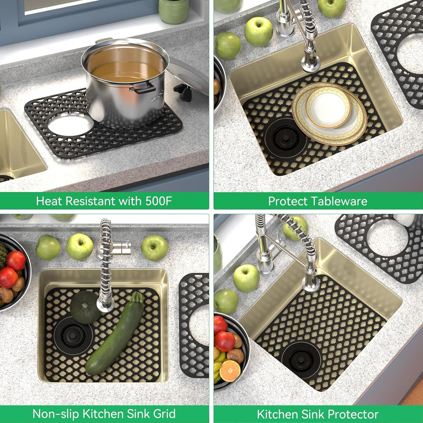 TOOVEM Kitchen Sink Mats, 2PCS Non-Slip Heat Resistant Silicone Sink Protector Mat, Folding Farmhouse Rear Drain Sink Mats, Side Drain, Black