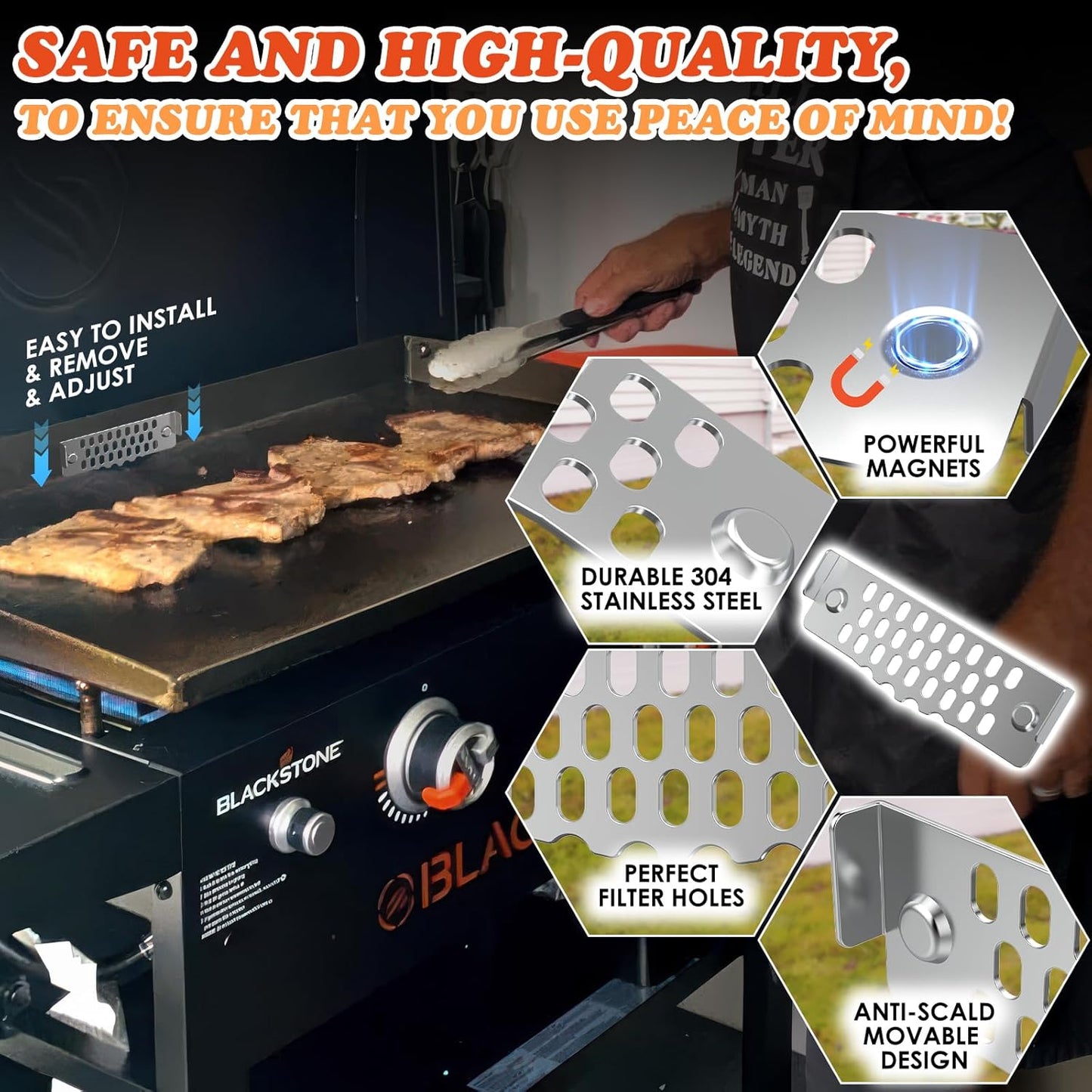 Griddle Accessories of Blackstone Grease Gate Blocker,Grease Gate for Blackstone Griddle,Block Food from Falling into Rear Grease Trap,Movable&Magnetic,Stainless Steel&Heat-Resistant,Rust-Proof(2PCS)