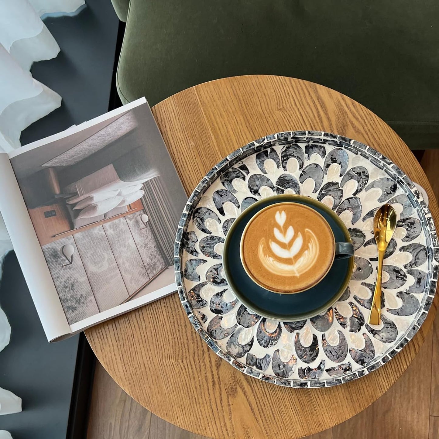 12.5" Lazy Susan for Table Top – Mother of Pearl Spinning Turntable Serving Tray, Marble Lazy Susan Organizer for Dining Table Centerpiece, Kitchen Island Decor, Bathroom Counter, Outdoor Use (Blue)