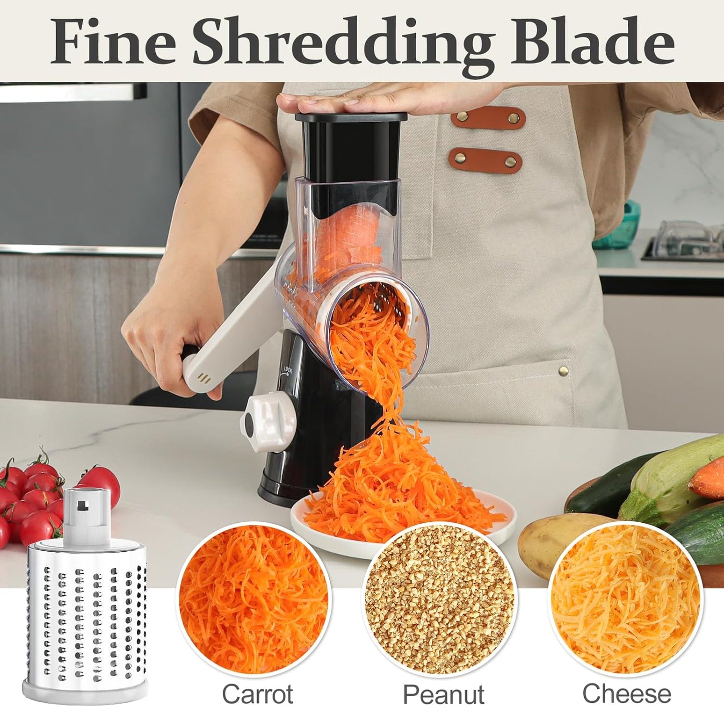 Cambom 5 in 1 Rotary Cheese Grater Hand Crank Cheese Shredder for Fresh Cheese, Vegetable, Nuts,Non-slip Suction Base, Black