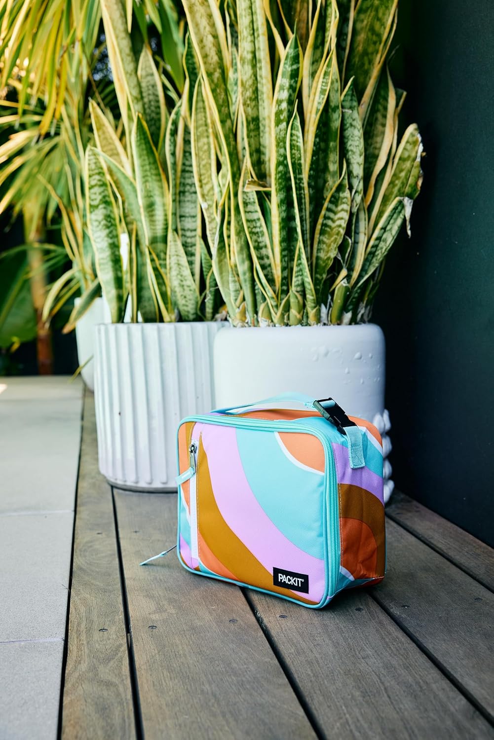 PackIt Freezable Classic Lunch Box, Retro Wave, Built with ECOFREEZE Technology, Fully Freezable, Collapsible, Reusable, With Zip Front Pocket and Buckle Handle, Designed for Fresh Lunch On the Go