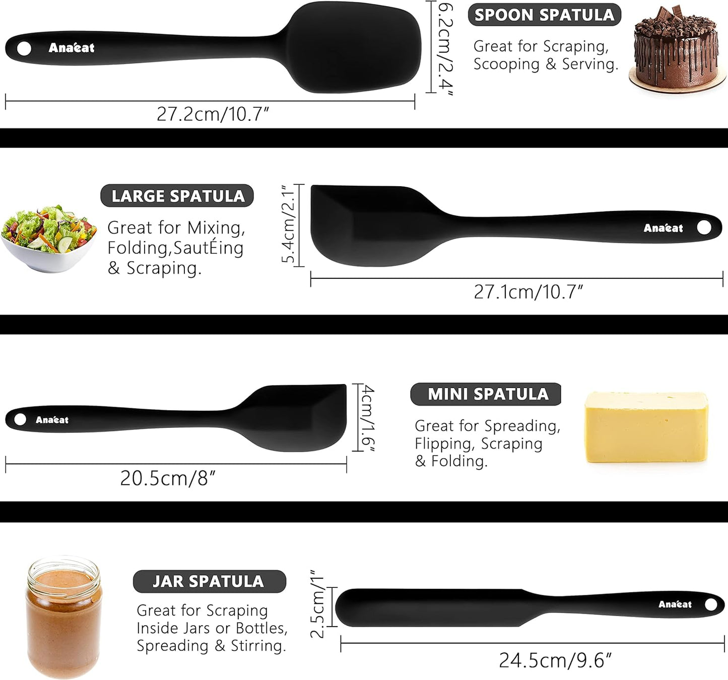 Anaeat 4 Piece Silicone Spatula Set - Seamless One-Pieces Design - Non Stick Rubber Spatulas Kitchen Scraper for Baking, Cooking, Scraping & Mixing, Heat Resistant & BPA Free & Dishwasher Safe (Black)