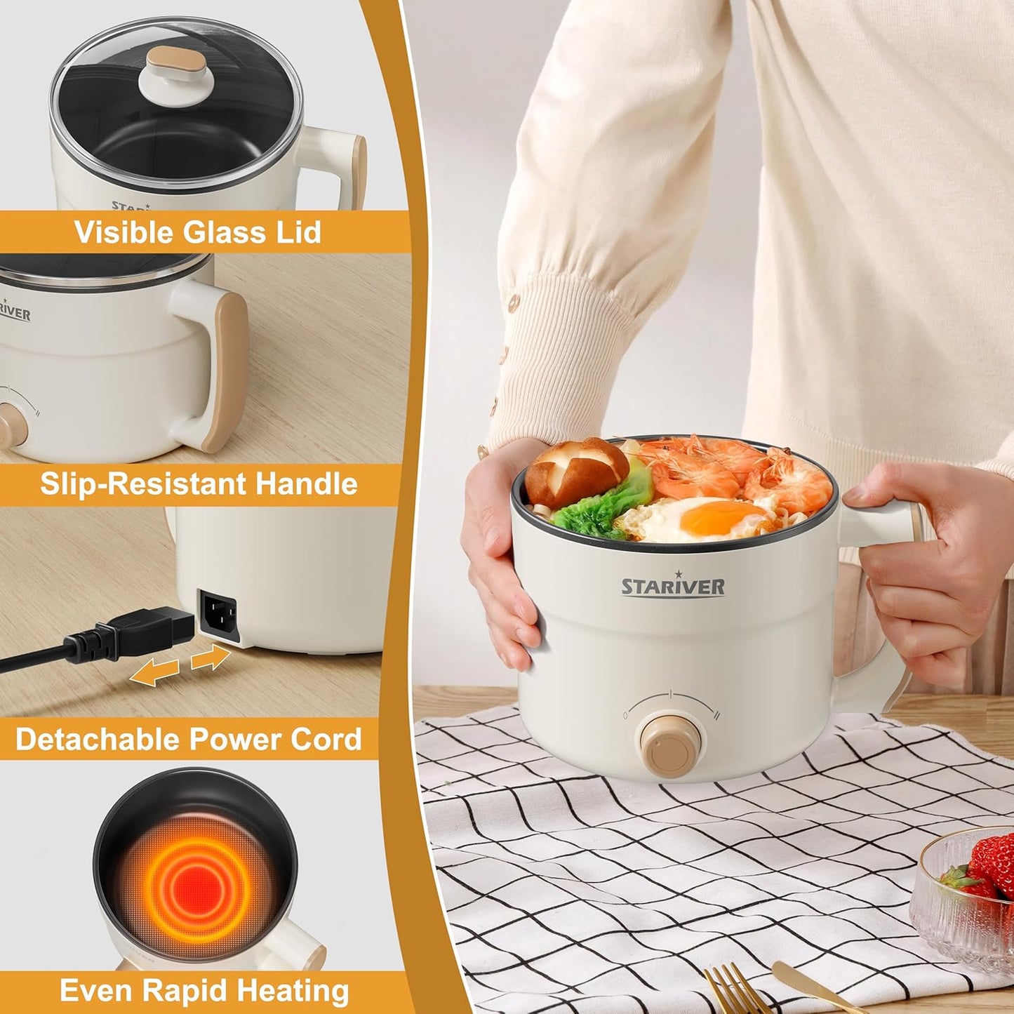 Stariver 1.5L Electric Hot Pot with Dual Power - Mini Portable Non-Stick Noodle Cooker for Ramen, Soup, Pasta, Egg, Oatmeal - Overheat & Boil-Dry Protection - Ideal for Dorm, Office, Travel Gift