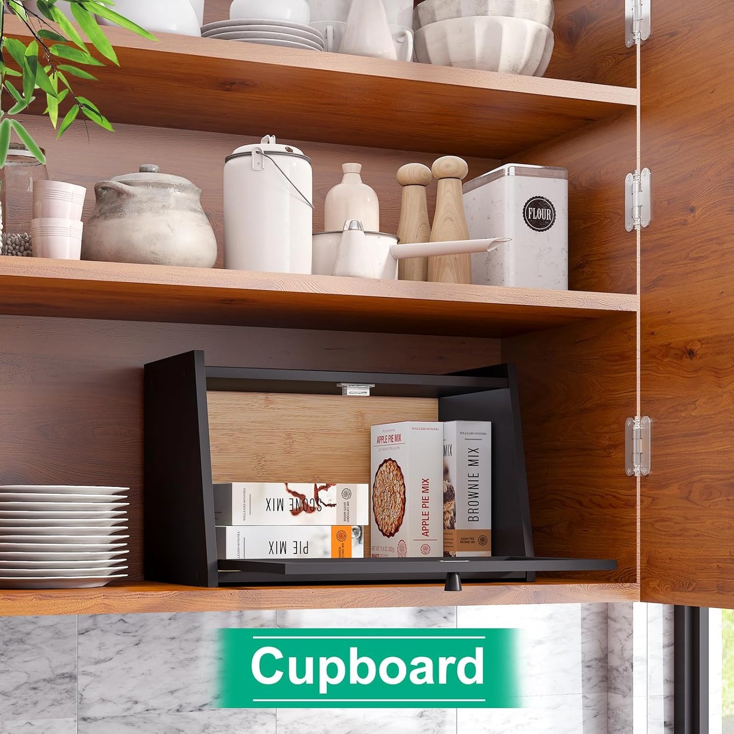 Bread Box for Kitchen Counter, Large Bamboo Bread Storage Container with Wavy Arcylic Door, Bamboo Wooden Farmhouse Bread Box for Your House (Black, Medium)